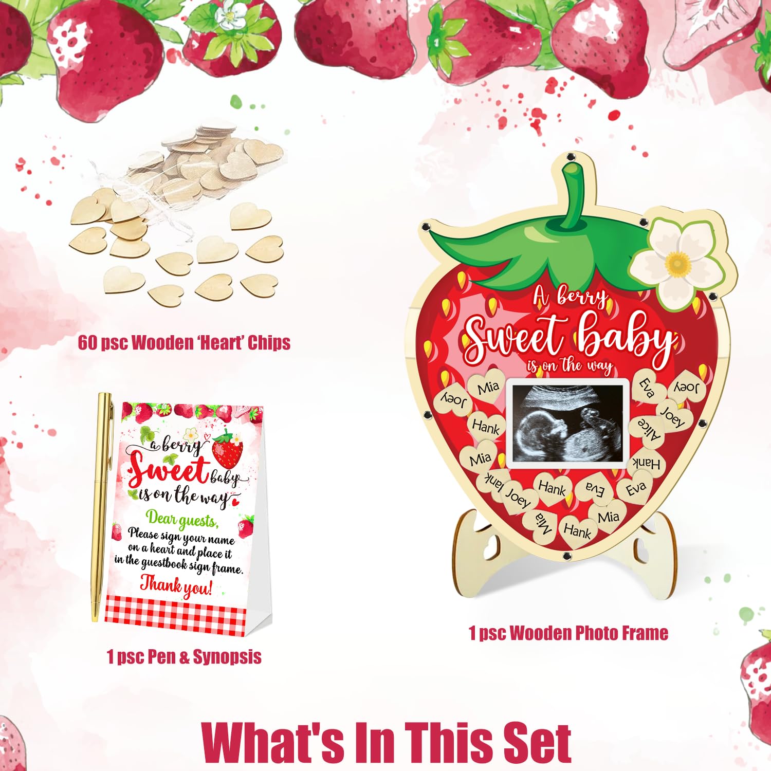 65 Pcs Strawberry Baby Shower Decorations Set with Guest Book Alternative, Wood Slice Photo Frame & Berry Sweet Decor for Girls - Perfect for Baby Shower Parties, Gender Reveals & Nursery Room Decor