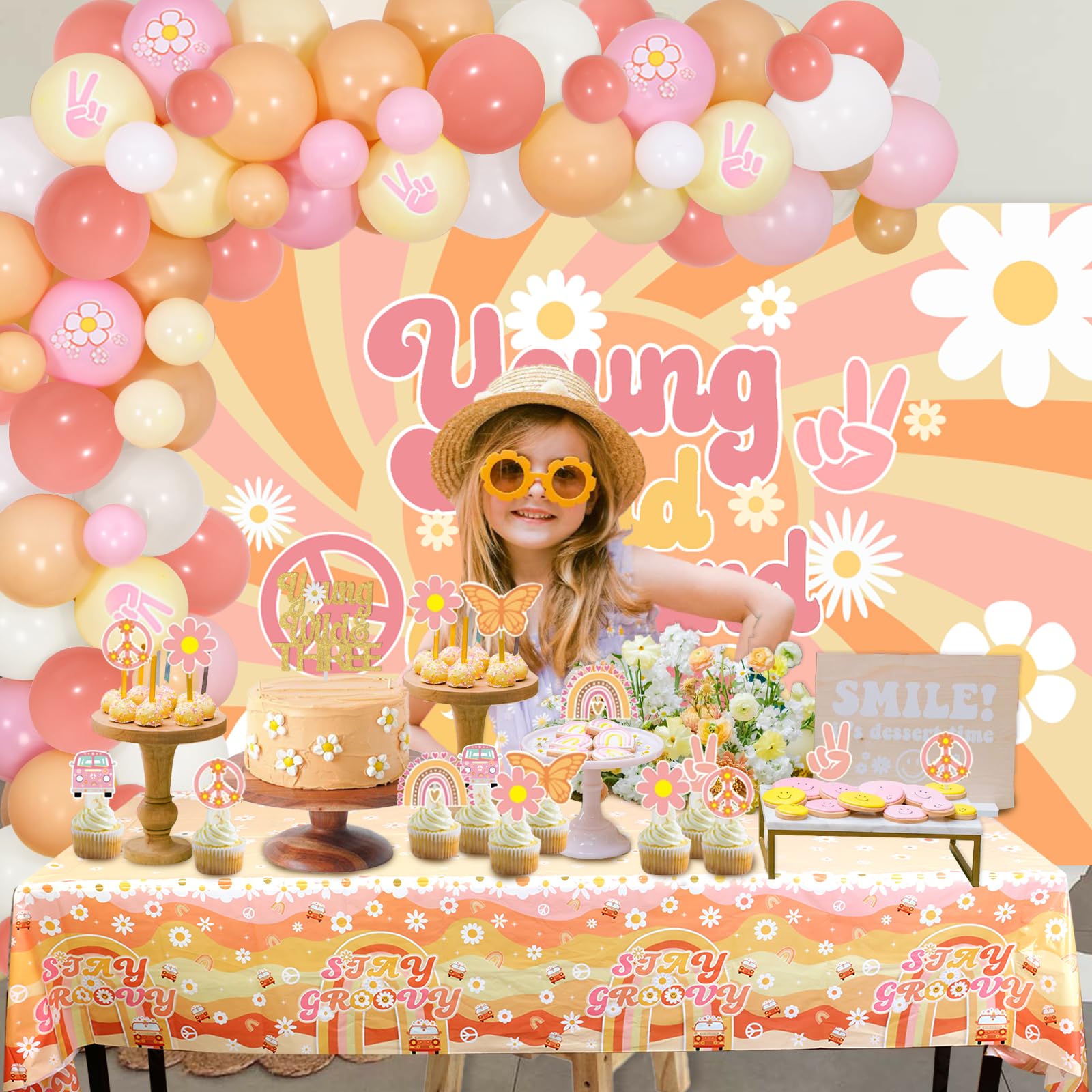 Cheereveal Young Wild and Three Birthday Decorations - Groovy 3rd Birthday Party Supplies Kit with Balloon Garland, Backdrop & Tablecloth | Perfect for Hippie Themed Birthday Celebrations, Baby Showers & Boho Decor