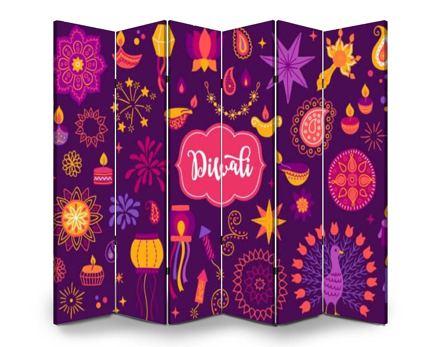 6-Panel Folding Room Divider Screen with Mandala Design - Freestanding Privacy Partition for Indoor/Outdoor Use - Perfect for Diwali Decor, Home Office, and Event Separations
