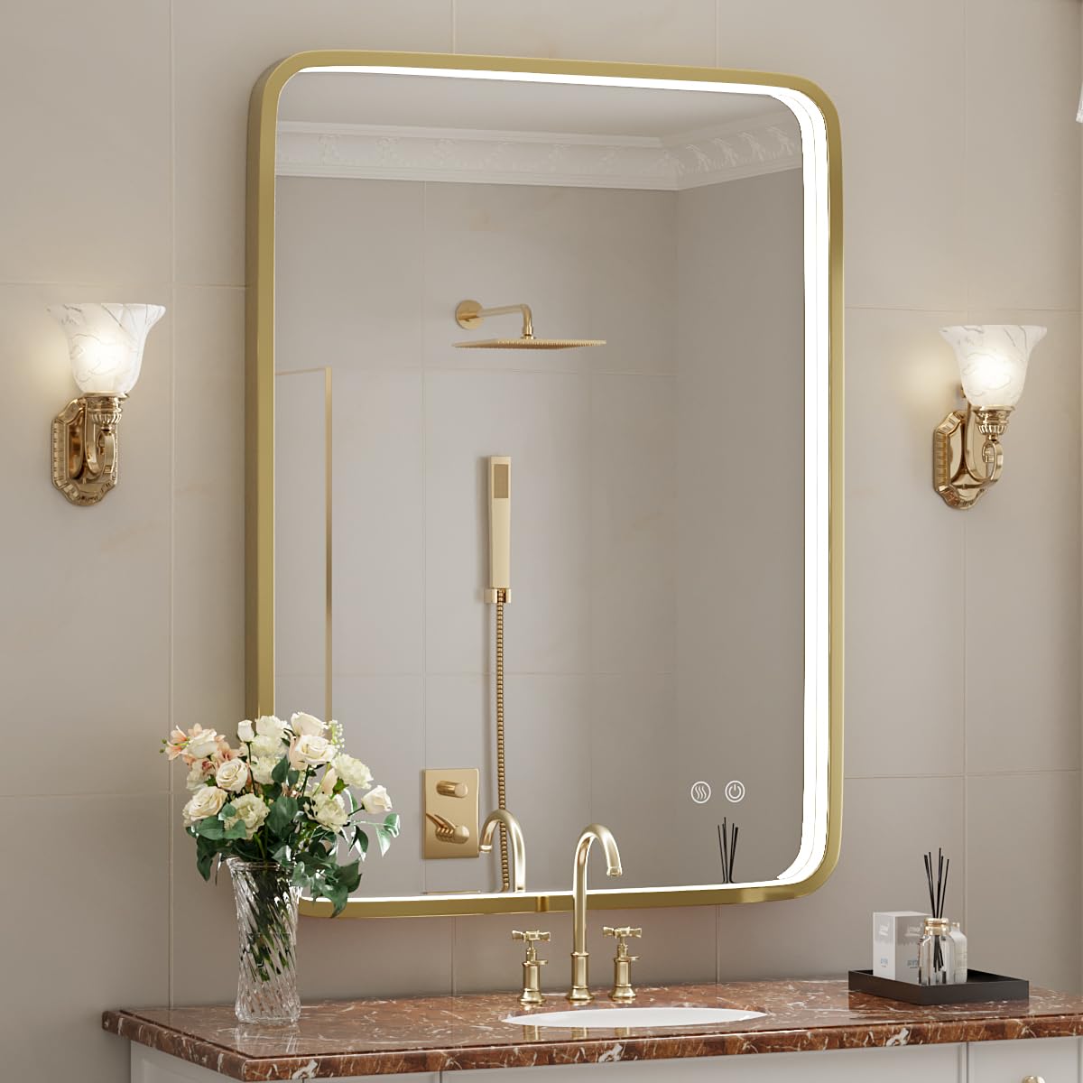 24x32 Inch LED Bathroom Mirror with Lights - Gold Framed Wall Mounted Vanity Mirror, Anti-Fog, Dimmable & Touch Control for Makeup (Horizontal/Vertical) - Perfect for Modern Bathrooms, Dressing Rooms & Vanity Areas