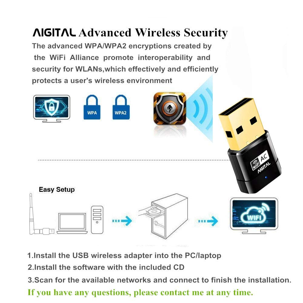 Aigital USB WiFi Adapter AC600 - Dual Band 5GHz/2.4GHz Wireless Network Dongle for PC, Laptop, Desktop - Compatible with Windows 11/10/8/7/XP/Vista & Mac OS - Fast Internet for Streaming, Gaming & Remote Work