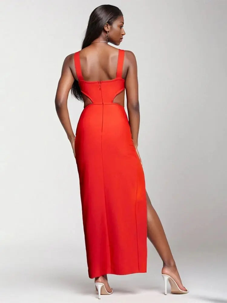 Sexy Red Sleeveless Open Back Bandage Dress for Women - Summer Hollow High Split Party Dress - Elegant Celebrity Style for Club Nights, Date Nights & Special Occasions