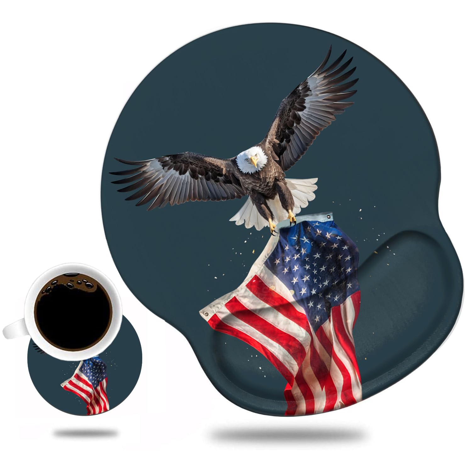 Ergonomic Mouse Pad with Wrist Support & Non-Slip PU Base - Cute Coffee Coaster Included - Comfortable for Office, Gaming & Computer Work - Pain Relief & Easy Typing - Patriotic American Flag & Eagle Design - Perfect for Home Office, Workstations & Long Computing Sessions
