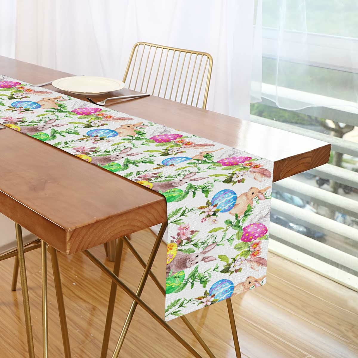SUABO Happy Easter Eggs Bunny Rabbit Table Runner - Polyester Cotton Party Tablecloth for Easter Decorations, Spring Celebrations & Festive Events - Perfect for Dining Tables, Buffets, and Holiday Gatherings