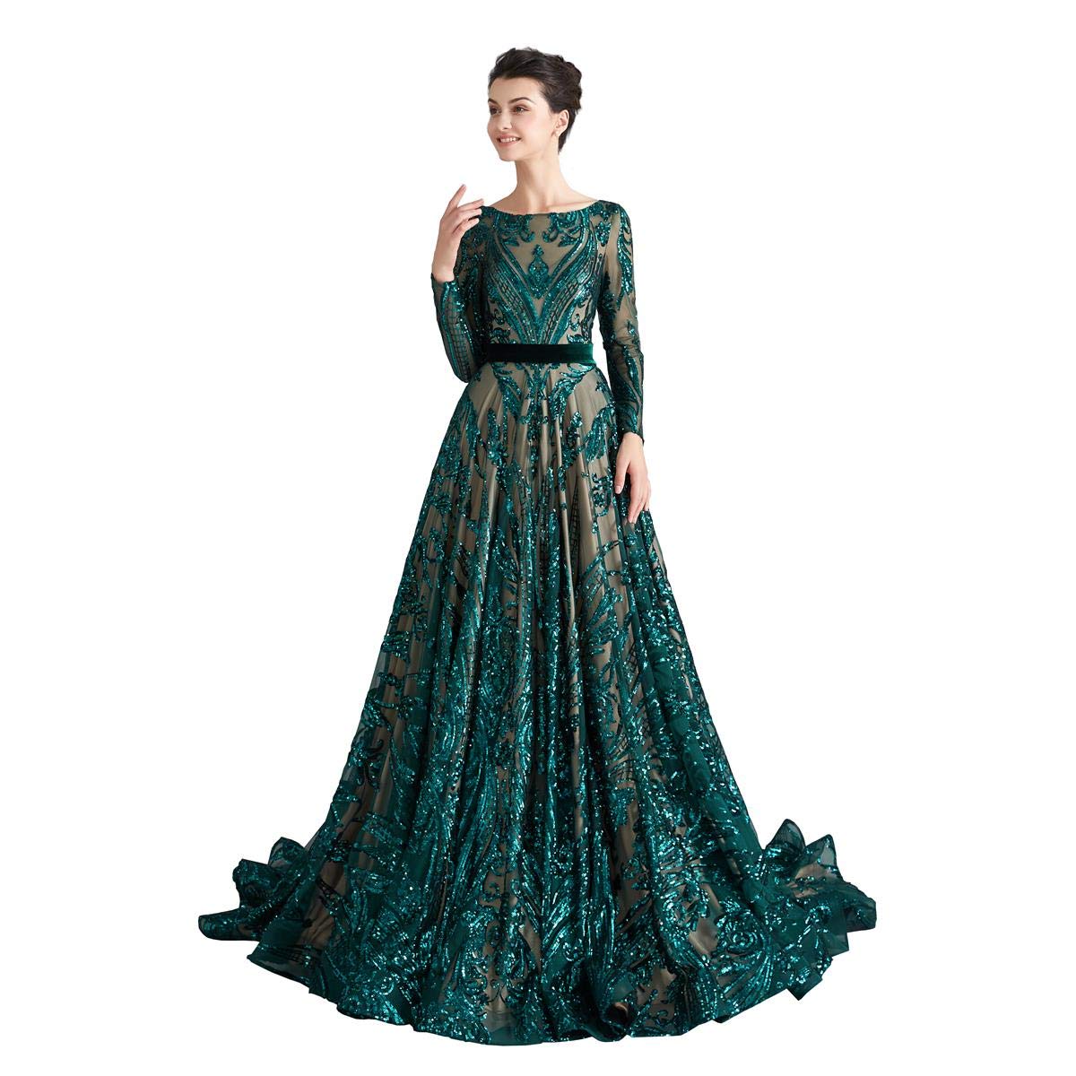 Elegant Women's Sequin Long Sleeve Formal Evening Dress with Chapel Train - Luxury Prom Party Gown for Weddings, Galas & Special Occasions
