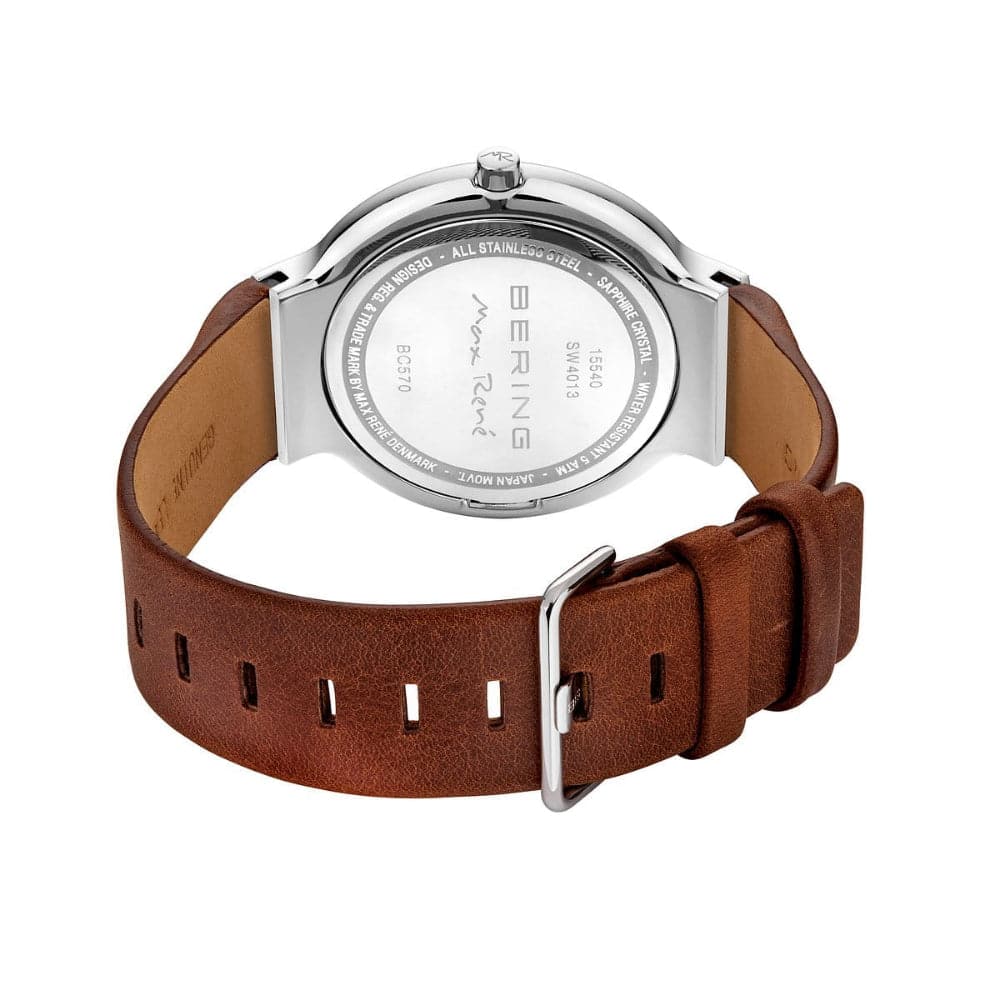 Bering Max Rene Men's Watch - White Dial with Genuine Brown Leather Strap - Model 15540 504 - Perfect for Business, Casual Wear & Special Occasions