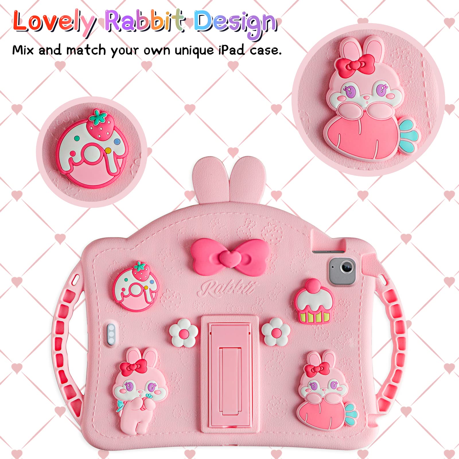 iPad Air 5th/4th Gen & iPad Pro 11 Inch Case with Adjustable Shoulder Strap - Cute Rabbit Soft Silicone Protective Cover for Girls - Perfect for School, Travel, and Daily Use