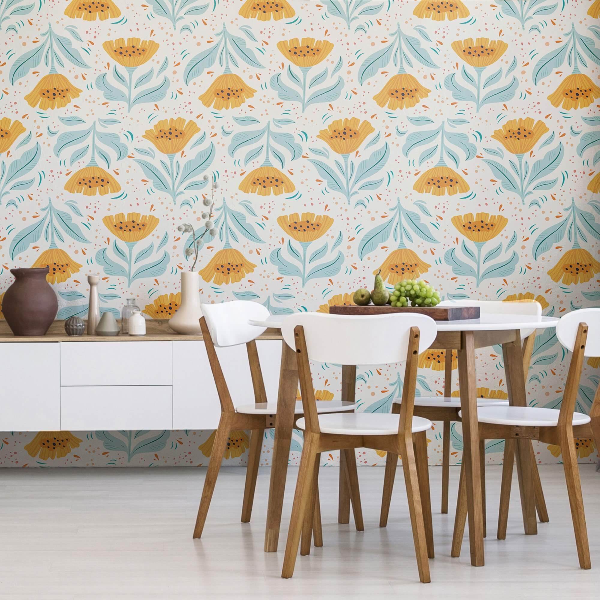 Yellow Botanical Floral Peel and Stick Removable Wallpaper 0880 - Self-Adhesive Wall Decor for Bedroom, Living Room & Nursery - Easy DIY Home Renovation