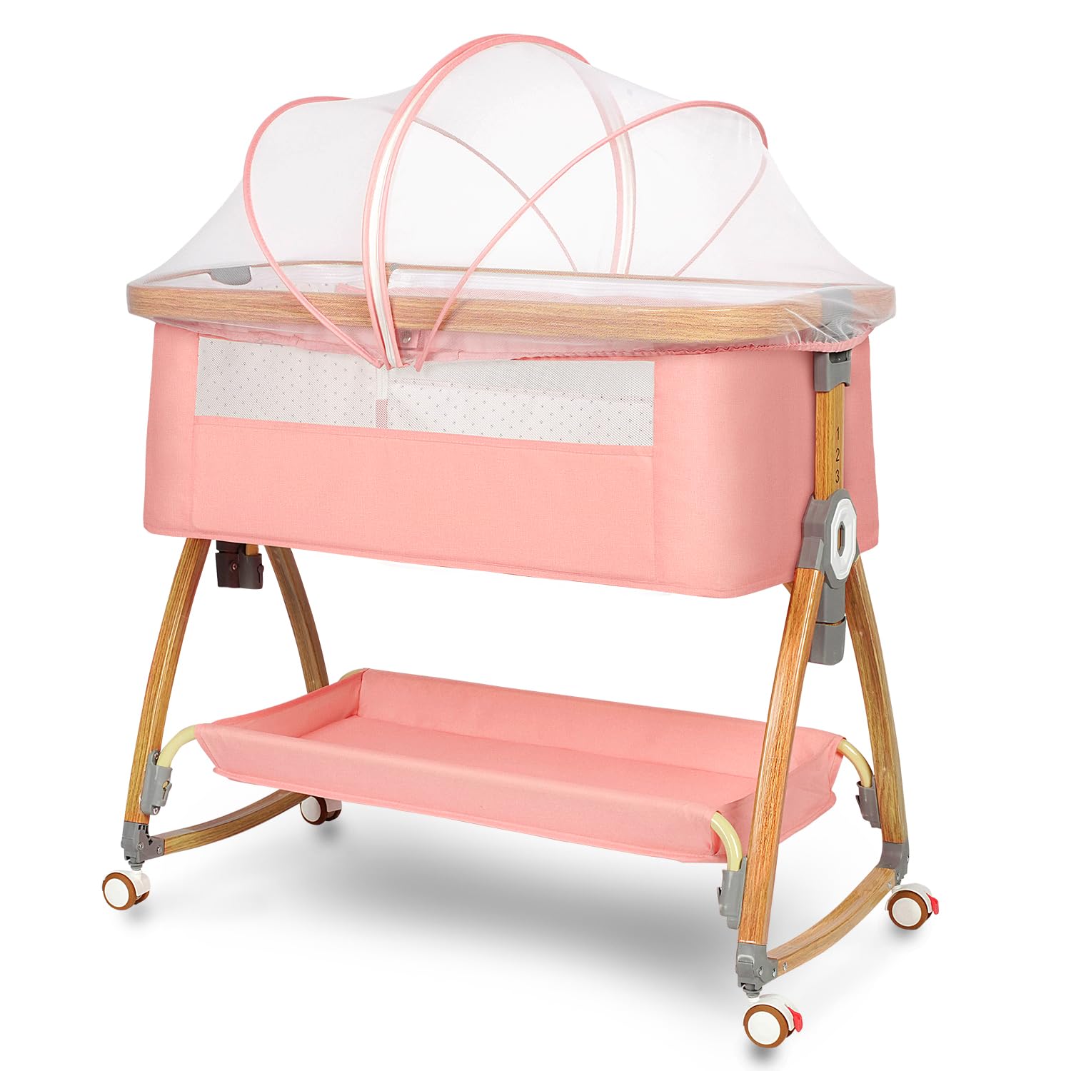 Adjustable Baby Bassinet with Wheels & Mosquito Net - 6 Height Settings, 3-in-1 Portable Bedside Sleeper Crib for Newborns & Infants (Pink) | Perfect for Nursery, Bedroom & Travel Use