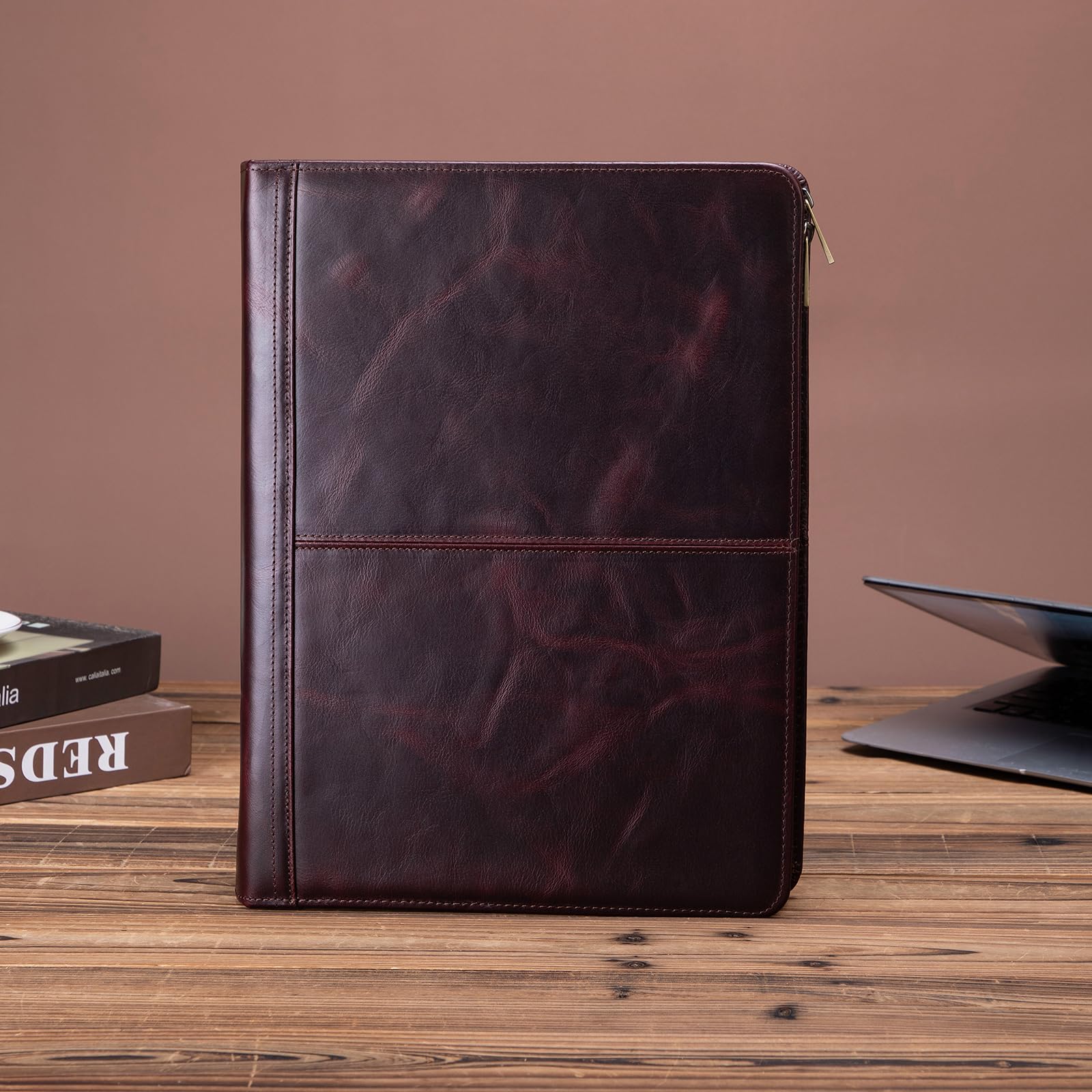 Premium Full Grain Leather Portfolio with 3-Ring Binder | Zippered A4 Notebook Holder & Laptop Sleeve | Professional Organizer for Business Meetings, Office Work & Travel | Oil-Tanned Dark Brown Leather Gift for Men & Women