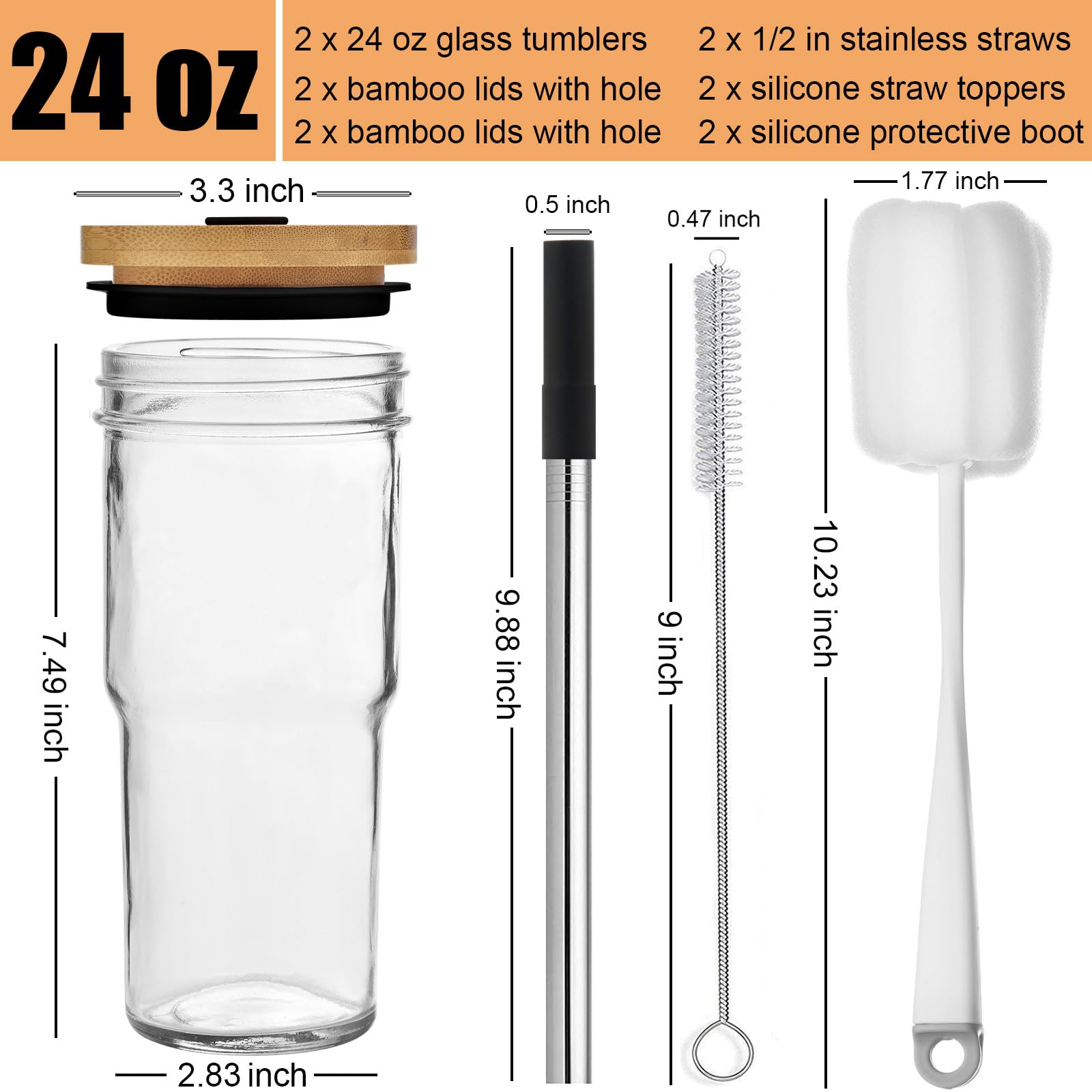 ALINK 24 oz Mason Jar Drinking Glasses with Lids & Straws - Reusable Tumbler Cups with Silicone Boot, Tips & Brush - Perfect for Iced Coffee, Boba Tea, Smoothies & Cold Drinks - Set of 2 Black Cups for Home, Office or Outdoor Use