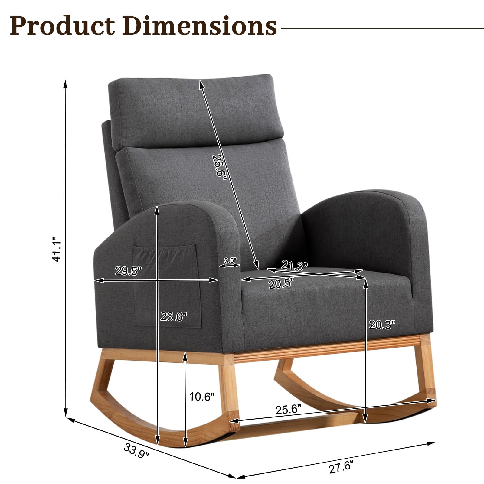 Nursery Glider Rocking Chair with High Backrest & Side Pockets - Upholstered Rubber Wood Rocker for Baby Nursery, Living Room & Bedroom - Dark Gray - Perfect for Breastfeeding, Reading & Relaxing