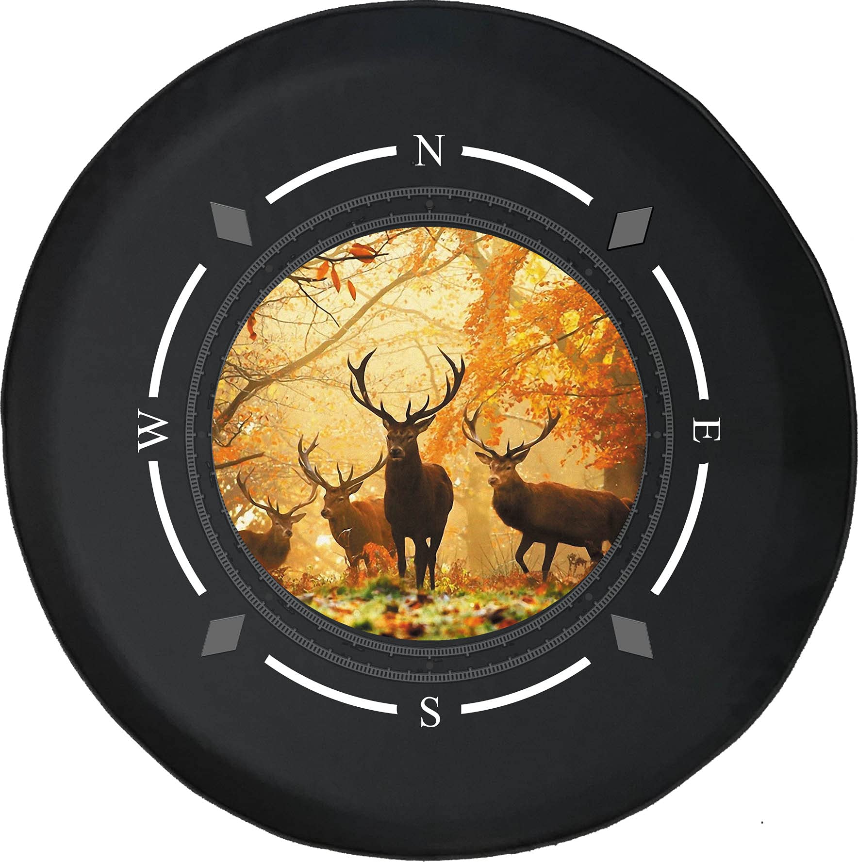 American Unlimited Spare Tire Cover with Compass & Deer in Autumn Woods Design - Durable SUV, Trailer & RV Wheel Cover Accessories for Off-Road Adventures & Camping Trips