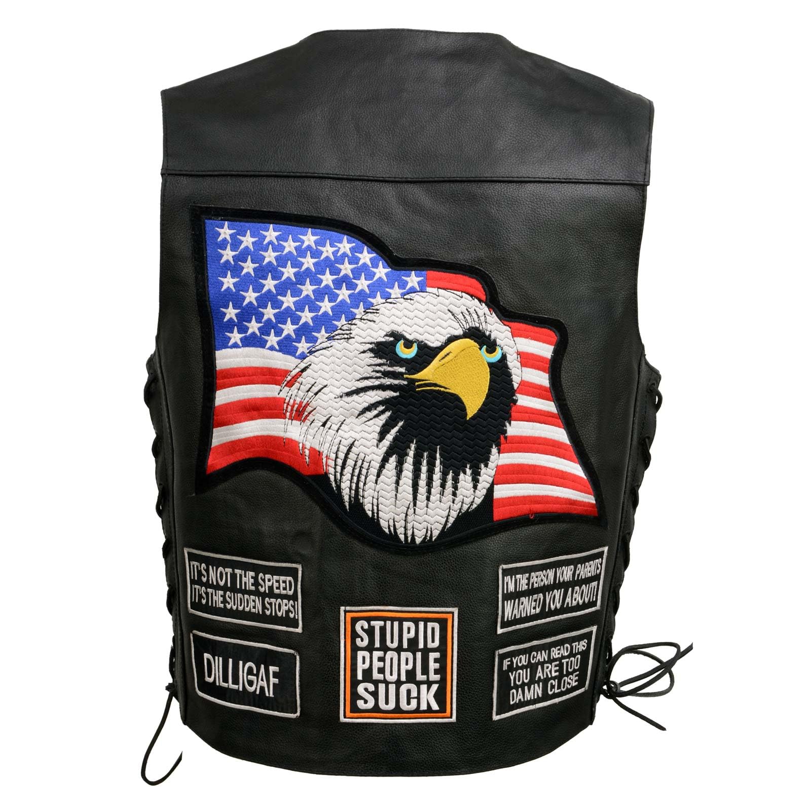 Men's Black Motorcycle Leather Vest w/Patches - Riding Club Gear for Bikers