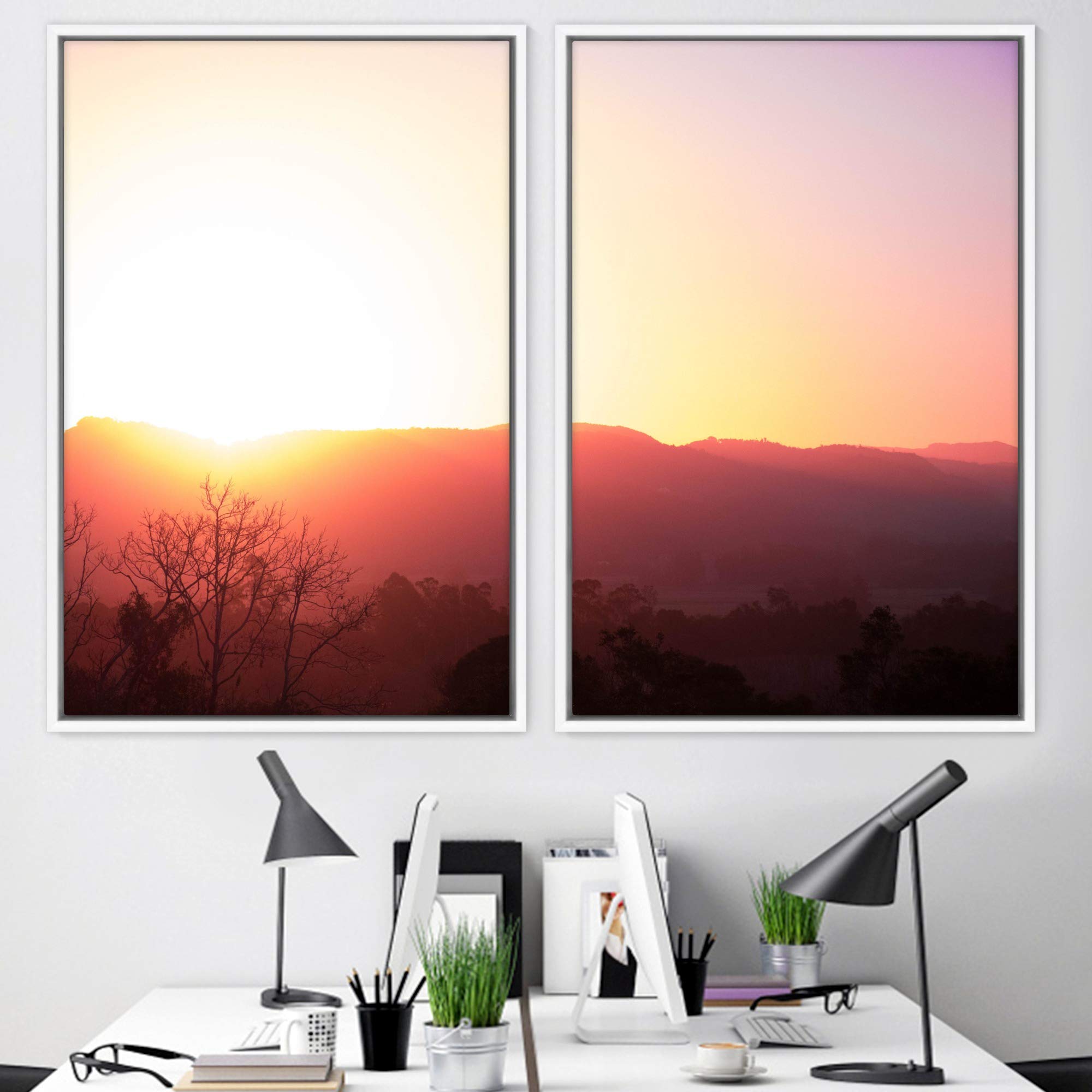 2-Panel Framed Canvas Wall Art - Mountain Sunset Landscape Painting, 16x24 Inch Home Decor for Living Room & Bedroom | Perfect for Modern Interior Design & Housewarming Gifts