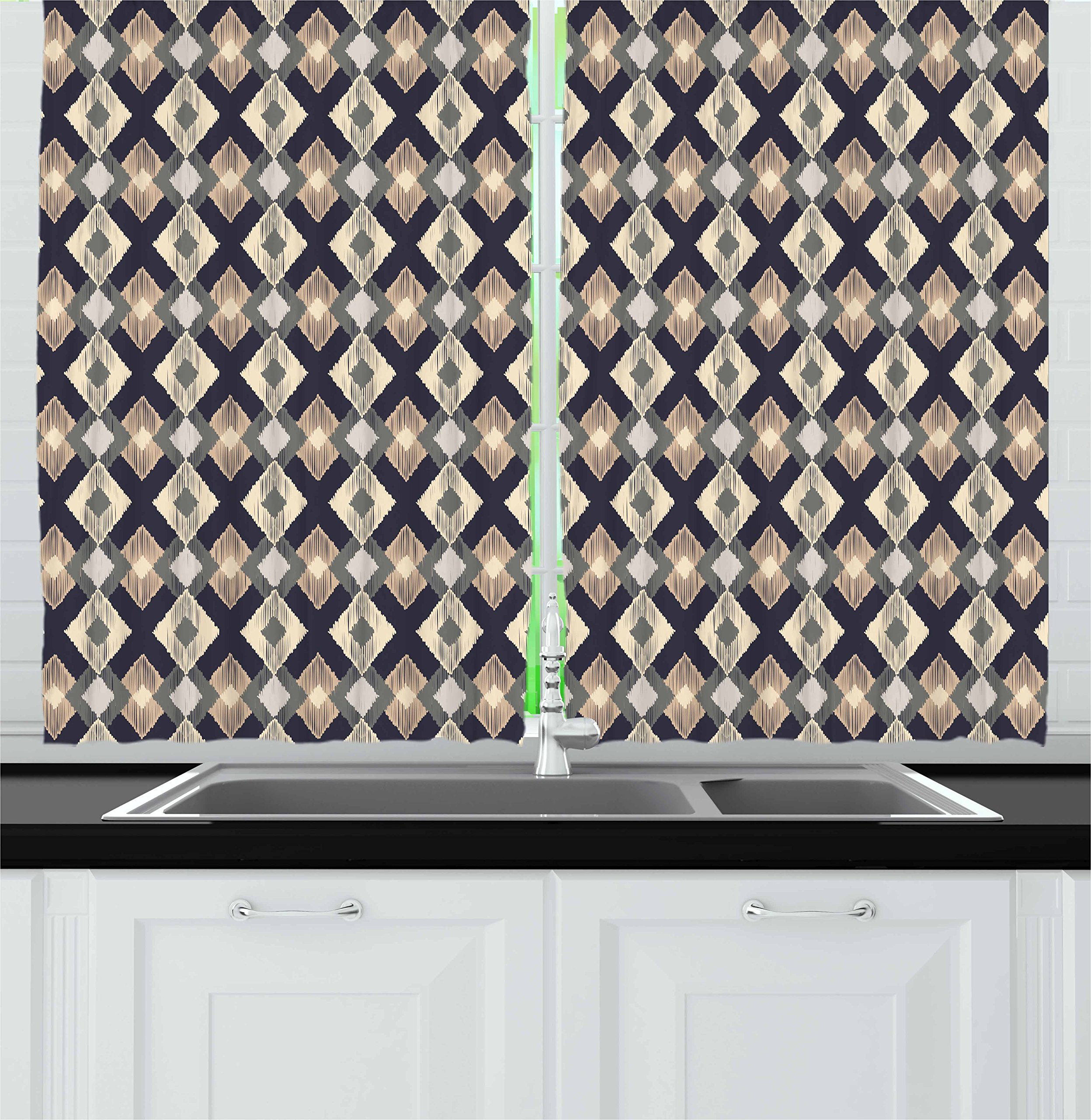 Ambesonne Boho Kitchen Curtains - Ikat Style Geometric Diamond & Triangle Design Window Drapes, 2 Panel Set for Kitchen & Cafe Decor, 55