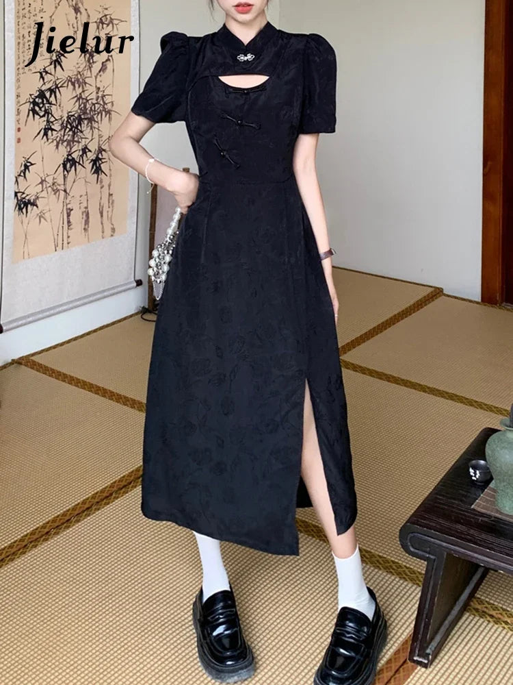 Elegant Black Hollow Out Slim Waist Women's Dress - Chinese Style Split Design with Chic Buttons & Puff Sleeves | Perfect for Cocktail Parties, Date Nights & Special Occasions