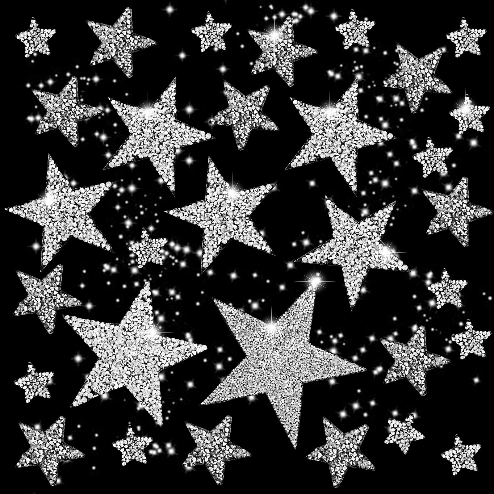 32 Pcs Silver Iron-On Star Rhinestone Patches - 5 Sizes Self-Adhesive Bling Appliques for Clothes, Jeans & Shoes Repair & Decoration - Perfect for DIY Fashion, Costume Design & Embellishments