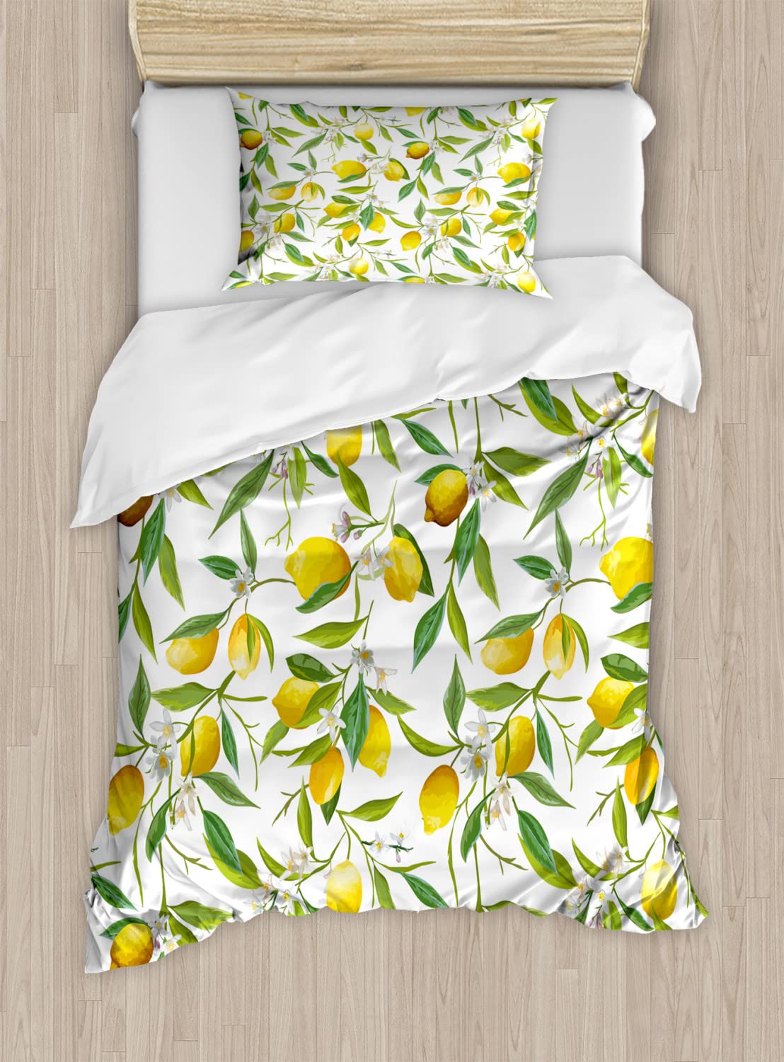 Ambesonne Floral Lemon Duvet Cover Set - 2 Pack Twin Size, Fern Green Yellow White Pattern, 100% Cotton Bedding Set with 2 Duvet Covers & 2 Pillowcases | Nature Inspired Botanical Design for Bedroom Decor, Guest Room Refresh, or Cozy Cottage Style