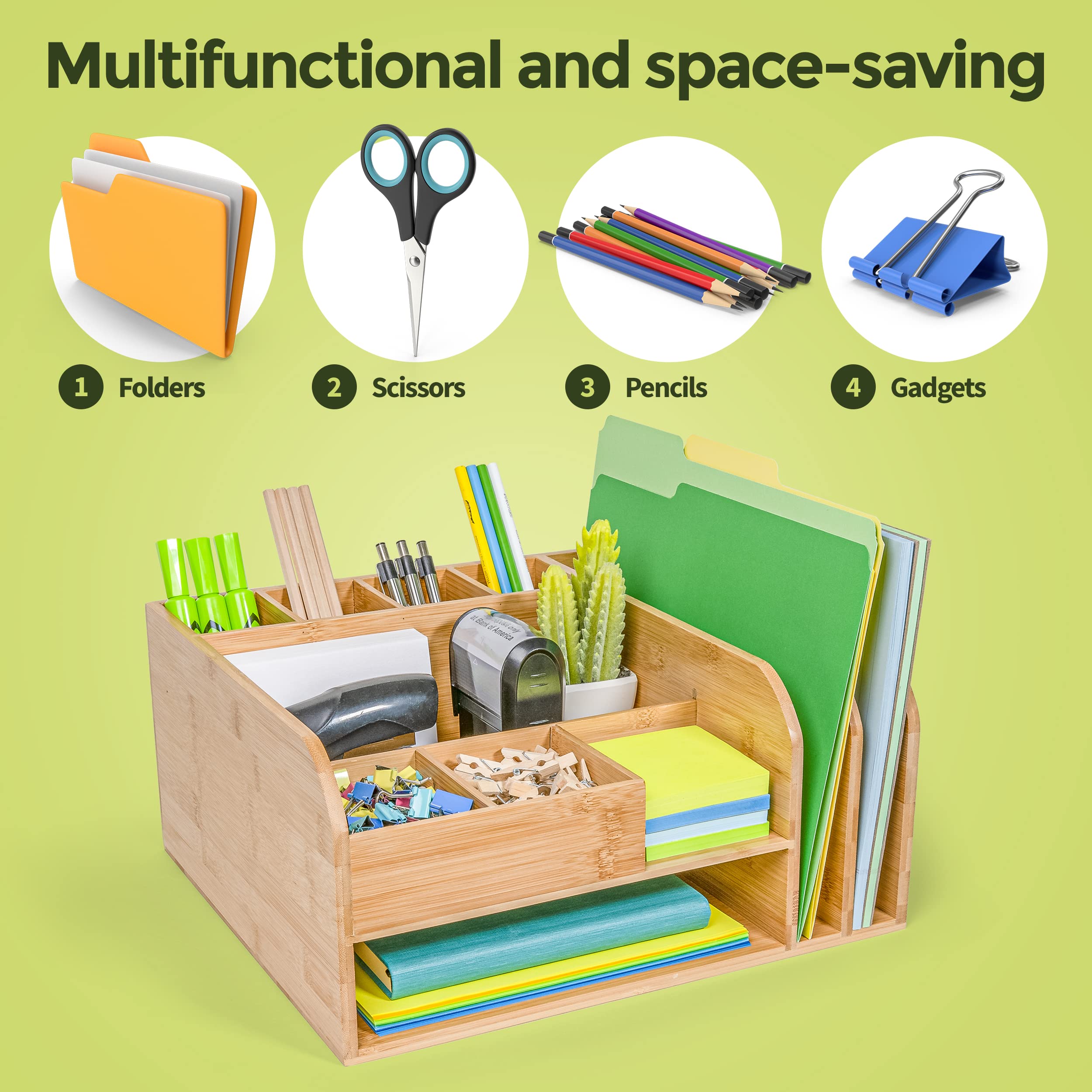 Bamboo Desk Organizer with Upright File Holders - Fully Assembled Office & Home Storage Solution for Pens, Papers & Supplies | Perfect for Workspace, Study & Classroom Organization