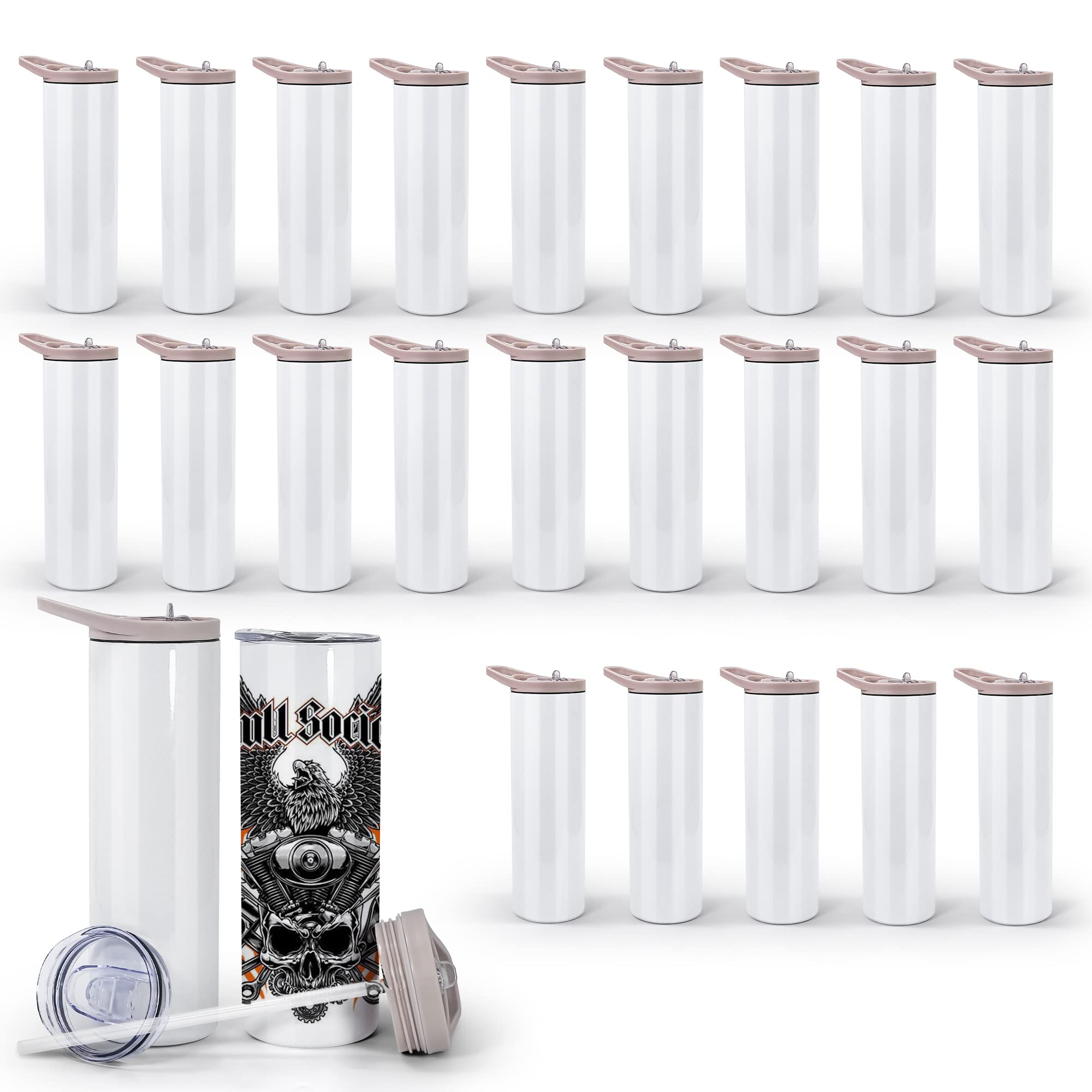 20oz Sublimation Tumblers 25-Pack - Stainless Steel Vacuum Insulated Skinny Tumblers with Handle, 2 Lids & Straw - Leakproof Coffee Travel Mug for Hot/Cold Drinks - Perfect for DIY Crafting, Office, Gym & Outdoor Activities