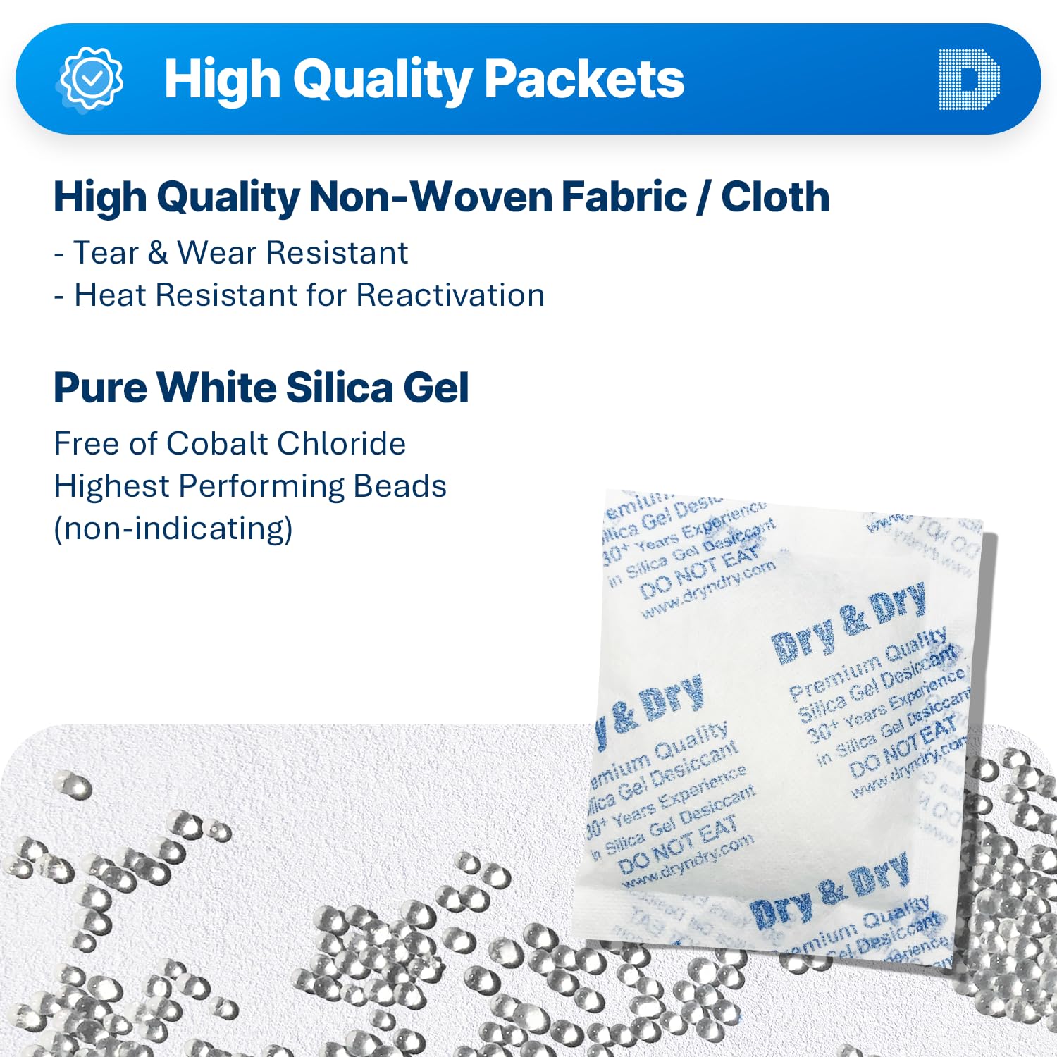 Dry & Dry 50 Gram [400 Packets] Rechargeable Silica Gel Desiccant Packs for Food Storage, Moisture Absorber for Closet, Shoes, Electronics & Safe - Bulk Silica Gel Packets for Long-Term Preservation