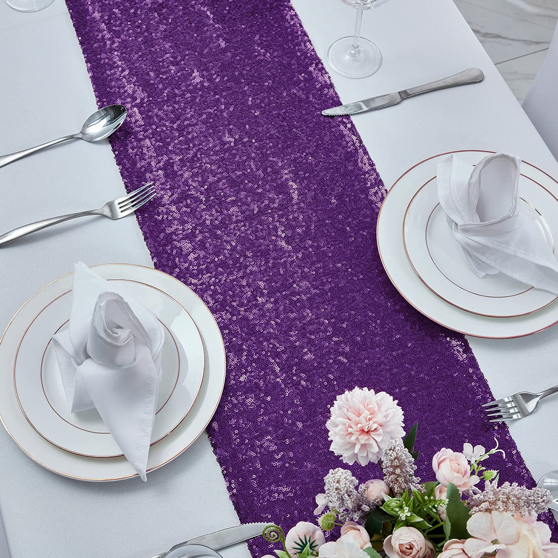 6-Pack 12x108 Inch Glitter Purple Sequin Table Runners - Elegant Wedding, Birthday, Bachelorette & Holiday Party Decorations - Perfect for Bridal Showers, Baby Showers & Festive Celebrations