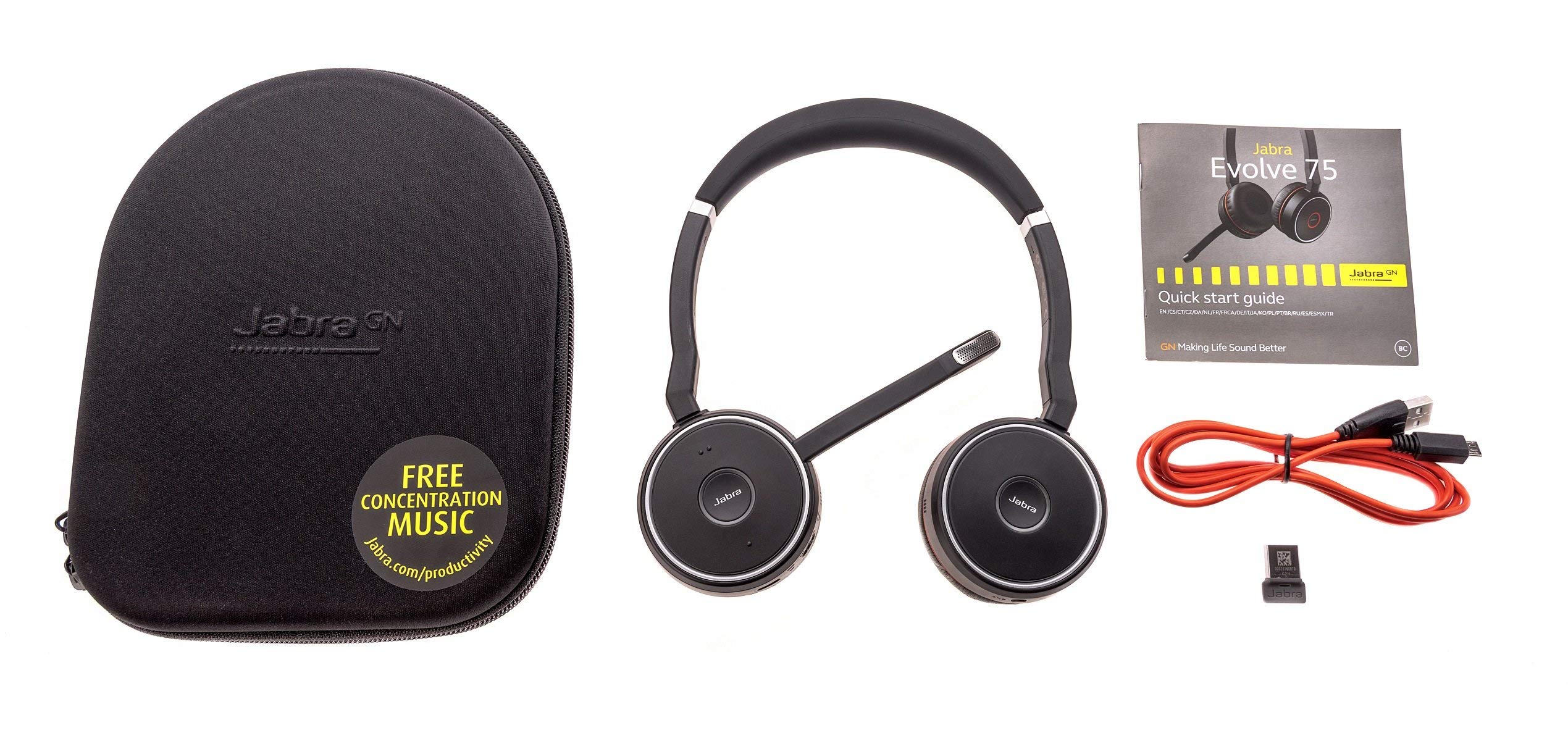 Jabra Evolve 75 UC Stereo Wireless Bluetooth Headset with Noise Cancellation - Premium Music Headphones with Link 370 Adapter (Renewed, Black) - Perfect for Office Calls, Remote Work & Online Meetings