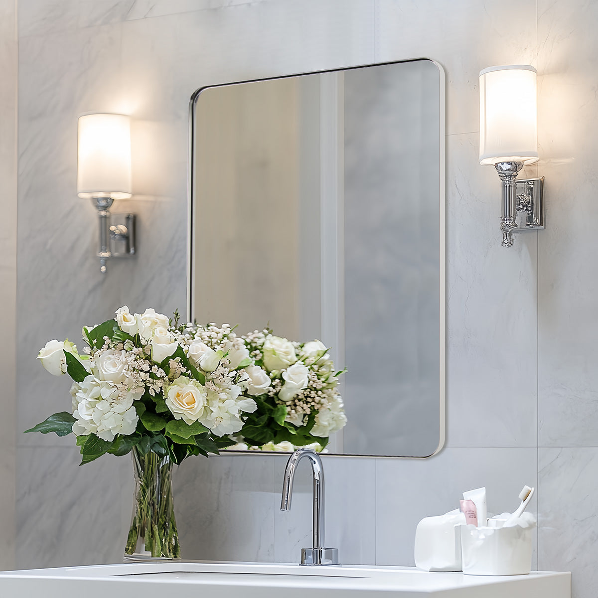 Modern Rounded Rectangle Bathroom Mirror with Stainless Steel Frame - Perfect for Vanity, Wall Decor & Home Decoration