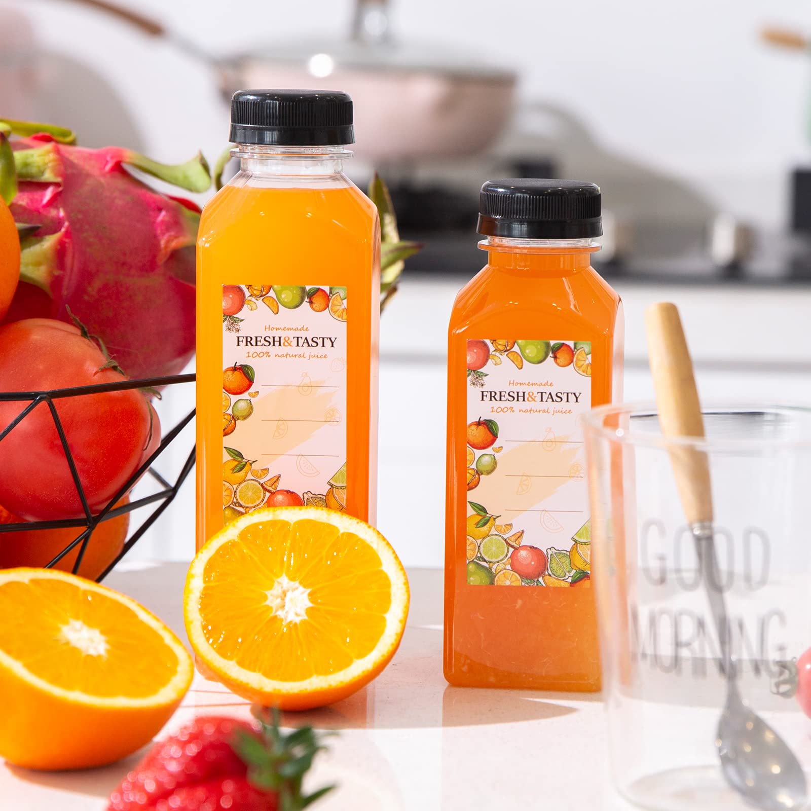 TOMNK 35-Pack 12oz Clear Plastic Juice Bottles with Lids - Reusable Beverage Containers for Juicing, Smoothies, Tea & DIY Drinks - Includes Labels, Funnel & Cleaning Brush (Bulk Pack for Home & Commercial Use)