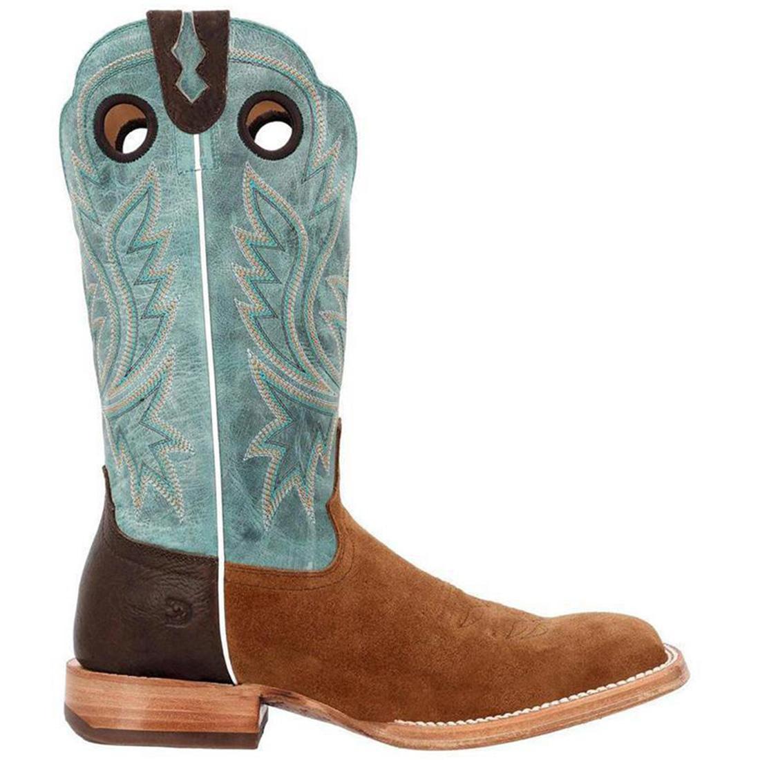 PRCA Roughout Western Boots for Men - Whiskey Tobacco & Aqua Color - Durable Cowboy Boots for Riding, Work, and Outdoor Adventures