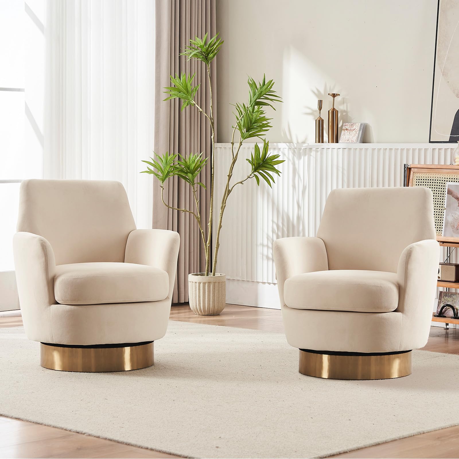 Modern Velvet Swivel Barrel Chair Set of 2 - 360 Degree Rotating Upholstered Accent Chairs with Tall Backrest for Living Room, Bedroom & Office - Soft Beige Armchairs for Relaxing & Reading