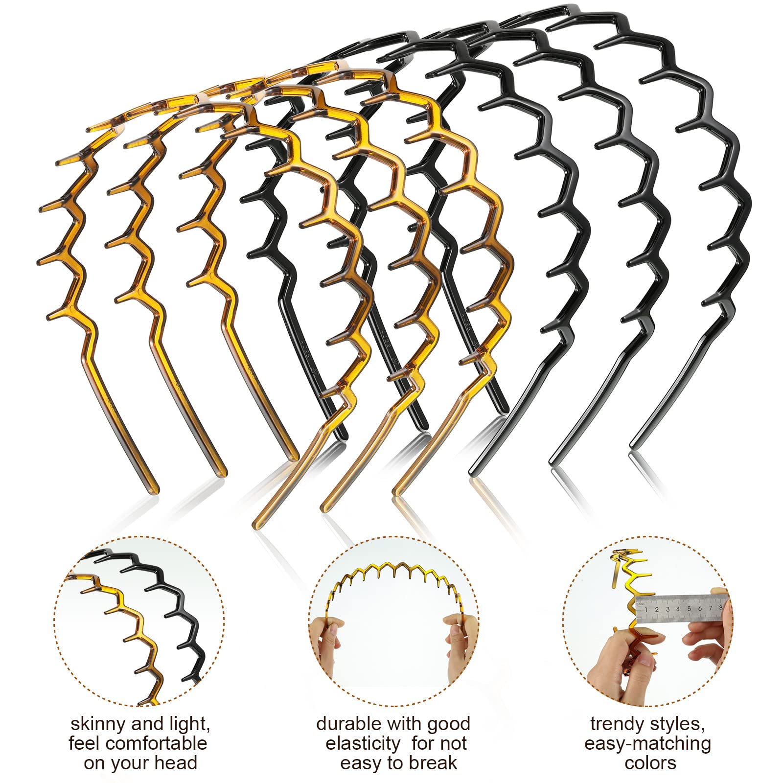 Chuangdi 6-Pack Plastic Shark Tooth Hair Combs - Zigzag Headbands with Wavy Teeth for Women (Black & Brown) | Perfect for 80s Retro Parties, Halloween Costumes & Punk Rock Hairstyles