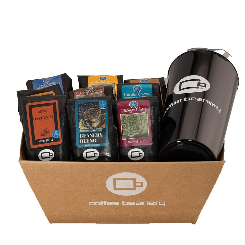 Premium Decaf Coffee Gift Basket with Ceramic Mug - 9 Gourmet Single-Serve Coffee Samples | Perfect for Office Gifts, Housewarming Presents & Coffee Lovers