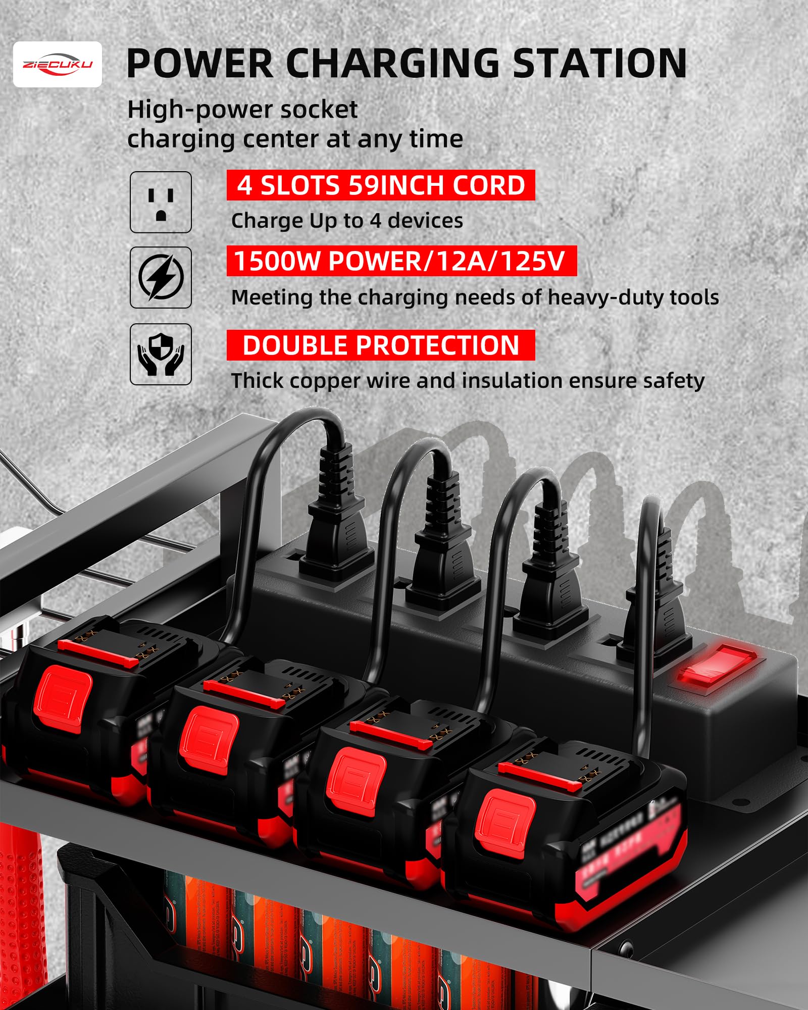 Wall Mount Power Tool Organizer with Charging Station - 8 Drill Holder & 4 Outlet Power Strip - 4 Layer Garage Tool Shelf Rack - Battery Organizer for DIY & Workshop Storage - Perfect for Garage, Workshop & Home Improvement Projects