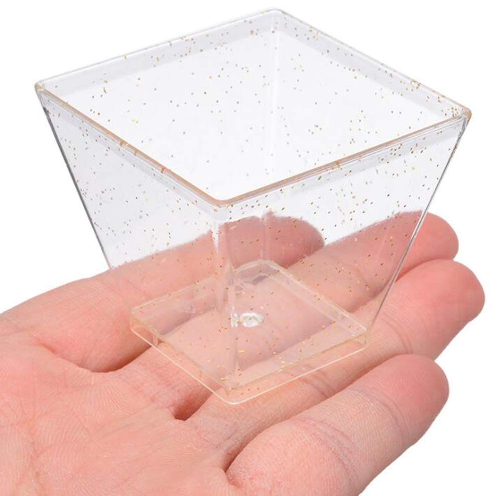 2 Ounce Hexagon Gold Glitter Disposable Plastic Dessert Cups - 50 Pack for Appetizers, Mousse, Cake, Pudding, Party & Restaurant Use - Perfect for Elegant Dessert Serving & Entertaining