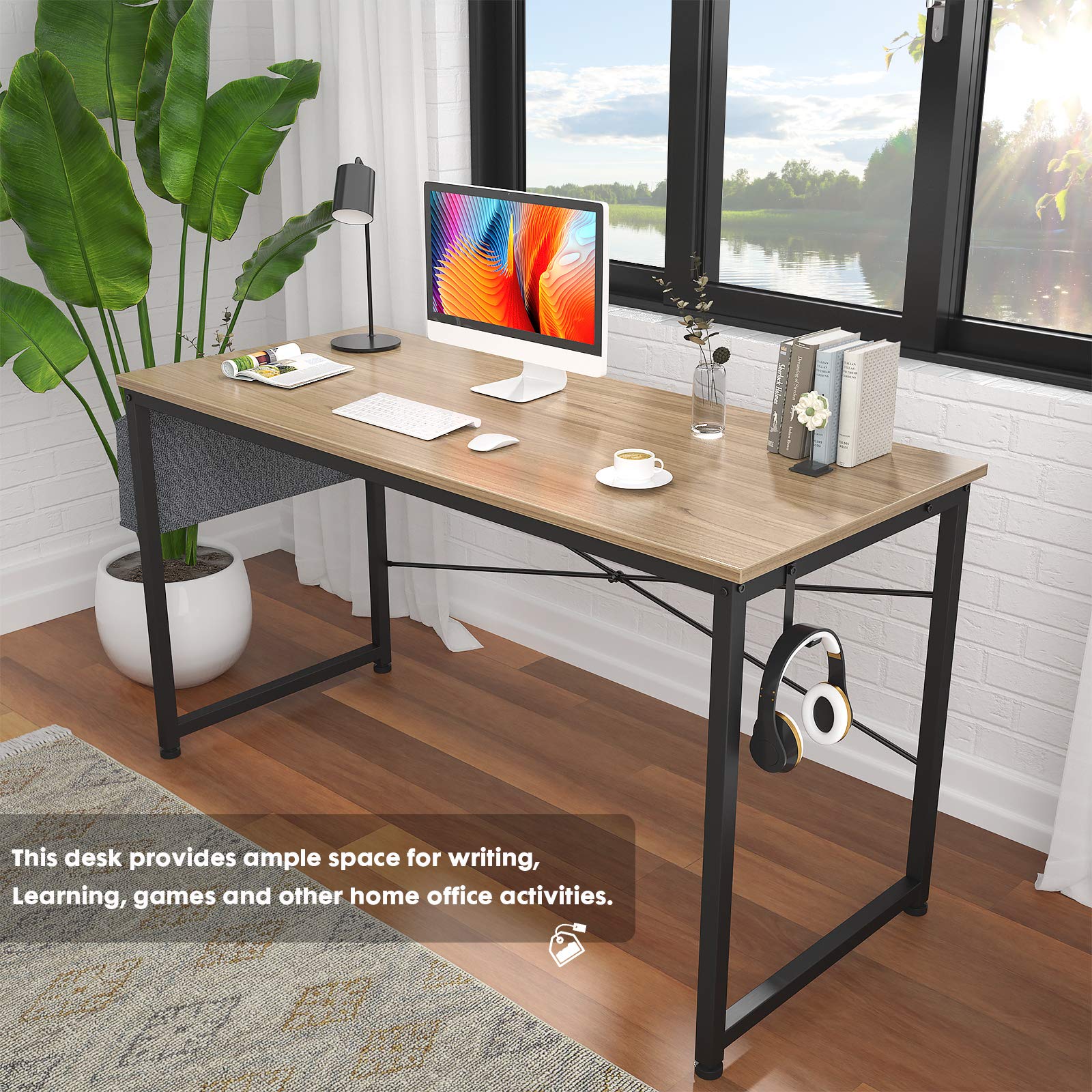 HomVent 47 Inch Modern Computer Desk - Home Office Writing Study Table with Storage Bag, Waterproof & Durable, Natural Wood Finish - Perfect for Small Spaces, Remote Work, and Student Dorms