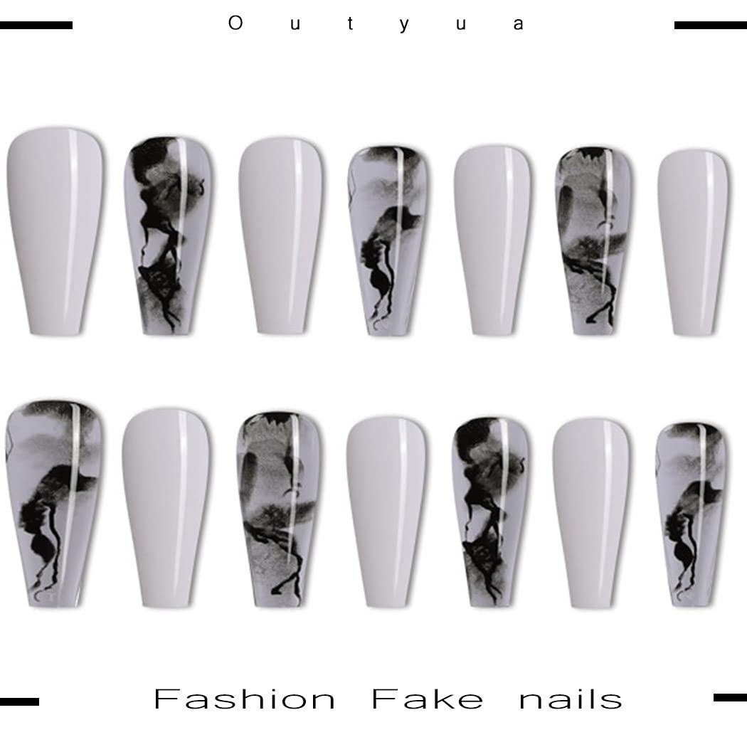 Glossy Smoke Pattern Coffin Press on Nails - Extra Long Ballerina Acrylic False Nails with Elegant Design - 24Pcs Full Cover Artificial Nails for Women & Girls (White) - Perfect for Parties, Weddings, and Special Occasions