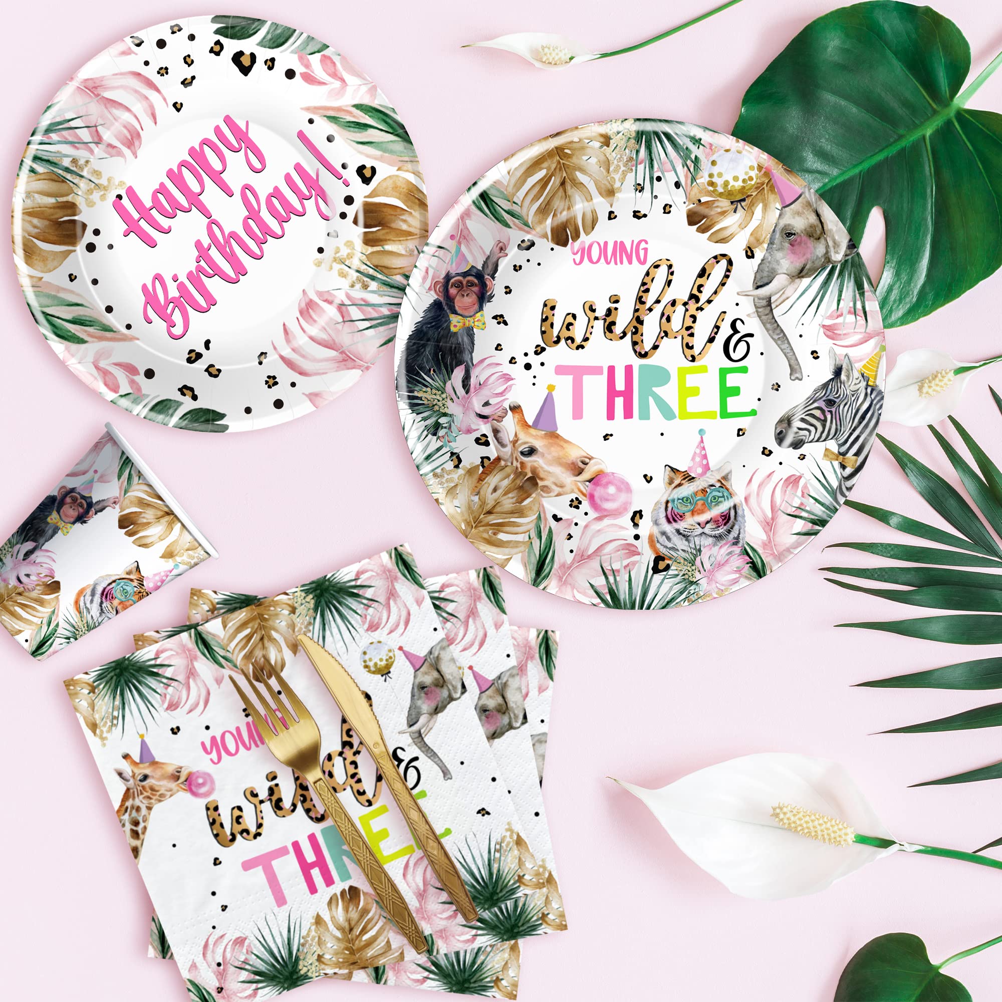 Wild Safari 3rd Birthday Party Supplies Set - 24-Piece Dinnerware Kit with Plates, Cups, Napkins, Tablecloth, Cutlery & Straws for Jungle Animal Themed Decorations | Perfect for Kids' Birthday Parties, Baby Showers & Themed Events