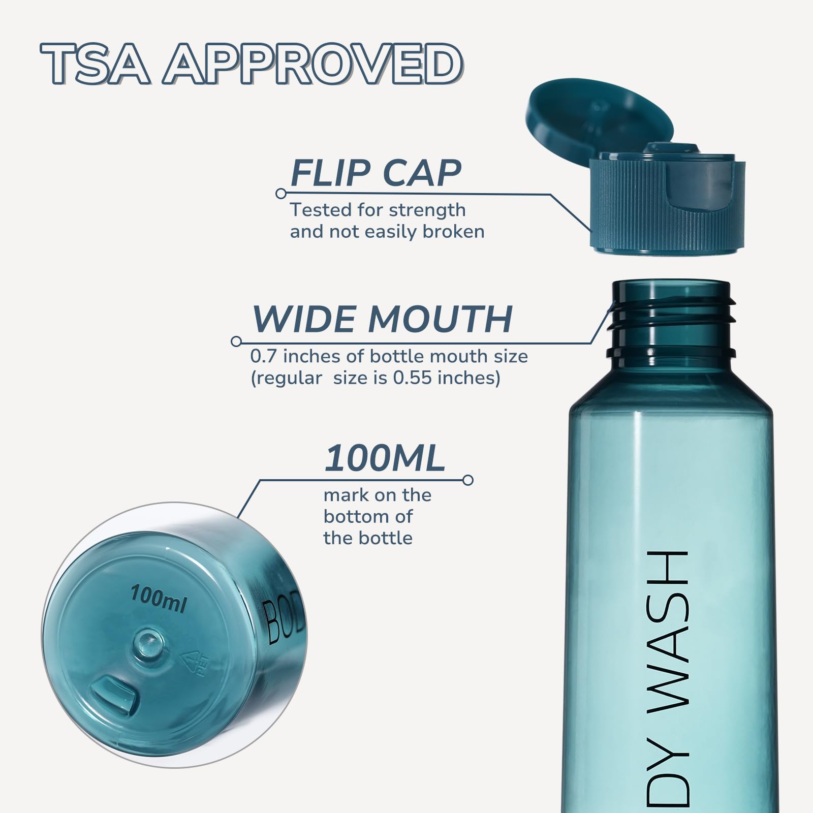 LISAPACK 3.4 oz (100ml) TSA Approved Travel Bottles for Toiletries - 6 Pack Leak Proof Plastic Containers for Shampoo, Conditioner & Lotion - Perfect for Air Travel, Gym & Vacation (Blue)