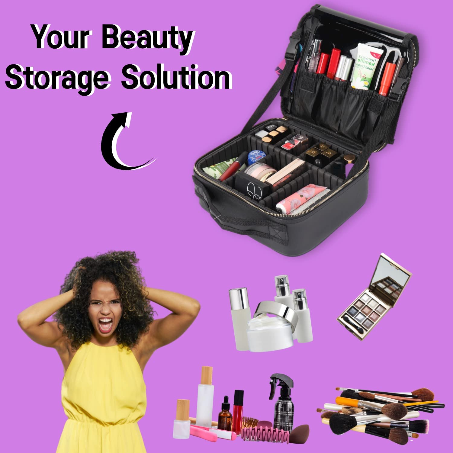 Professional Makeup Train Case - Portable Travel Cosmetic Bag with Adjustable Dividers for Women | Organize Makeup Tools, Toiletry, Jewelry & Digital Accessories | Perfect for Travel, Salon & Home Storage