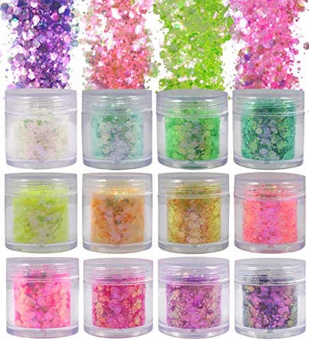 LoveOurHome 12 Colors Aurora Nail Glitter Powder - Iridescent Flake Acrylic Pigment for Nail Art, Resin Crafts & Makeup - DIY Nail Decoration, Jewelry Making & Gift Wrapping Accessories