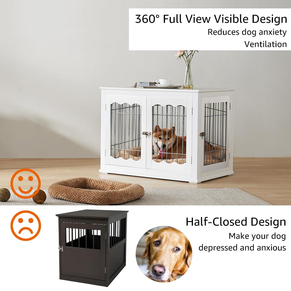 Unipaws White Wooden Dog Crate for Medium Dogs - Modern Furniture Style Indoor Pet Kennel with Wire Design, Decorative Puppy House & Multi-Functional End Table/Nightstand - Perfect for Living Room, Bedroom or Office Spaces