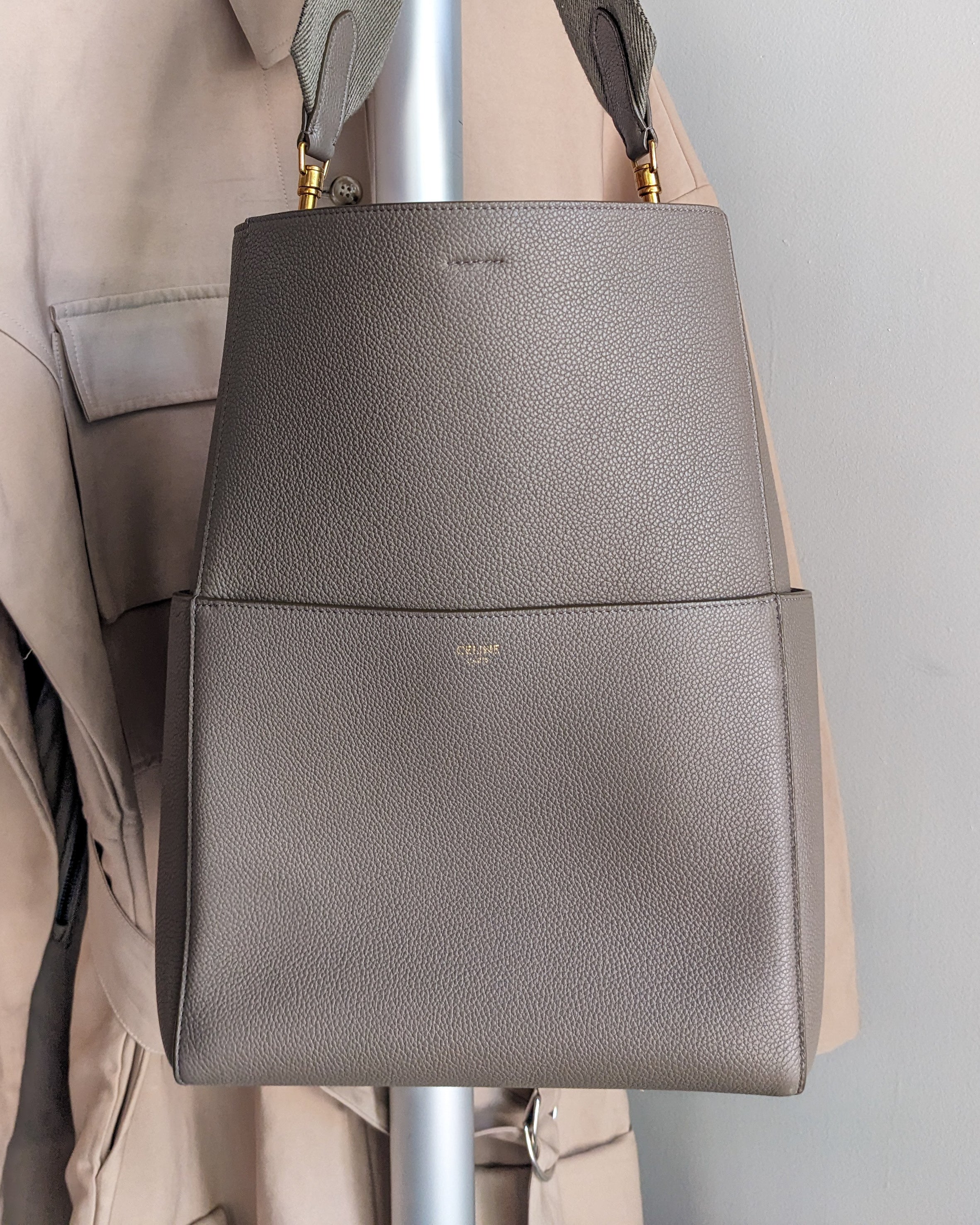 Celine Sangle Seau Shoulder Bag in Taupe Grey - Soft Grained Calfskin Leather for Women | Perfect for Work, Travel & Everyday Use
