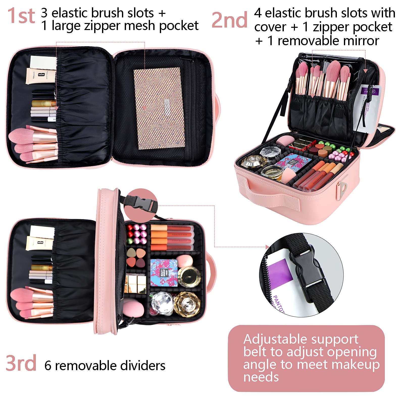 Premium PU Leather Travel Makeup Bag - Portable Cosmetic Organizer with Adjustable Dividers & Shoulder Strap | Pink Makeup Train Case with Mirror | Perfect for Travel, Home Storage & Salon Professionals