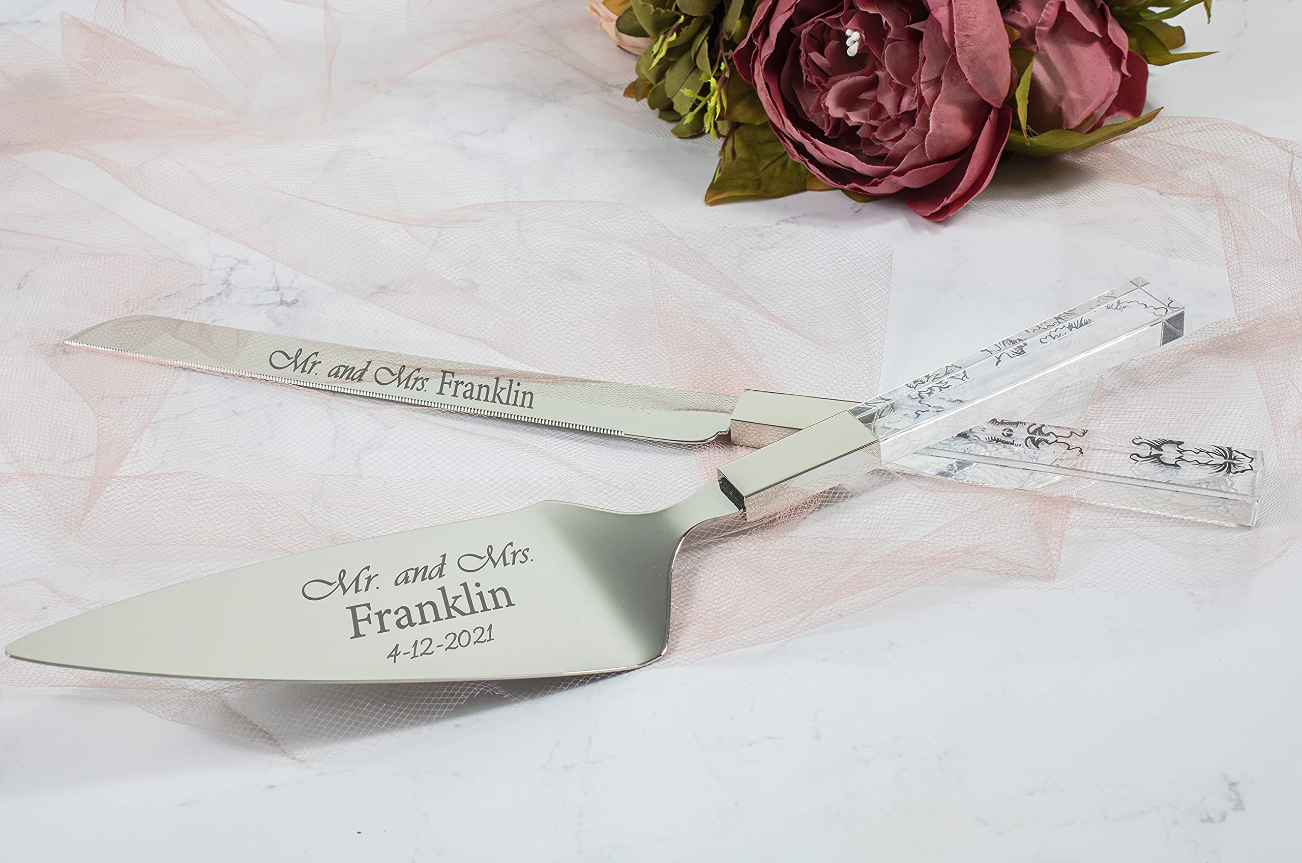 Lenox Bridal Silver Peony Personalized Wedding Cake Cutting Set - Custom Engraved Cake Knife & Server Set for Bride & Groom - Perfect Wedding Gift & Accessory for Anniversary, Bridal Shower & Reception Ceremony