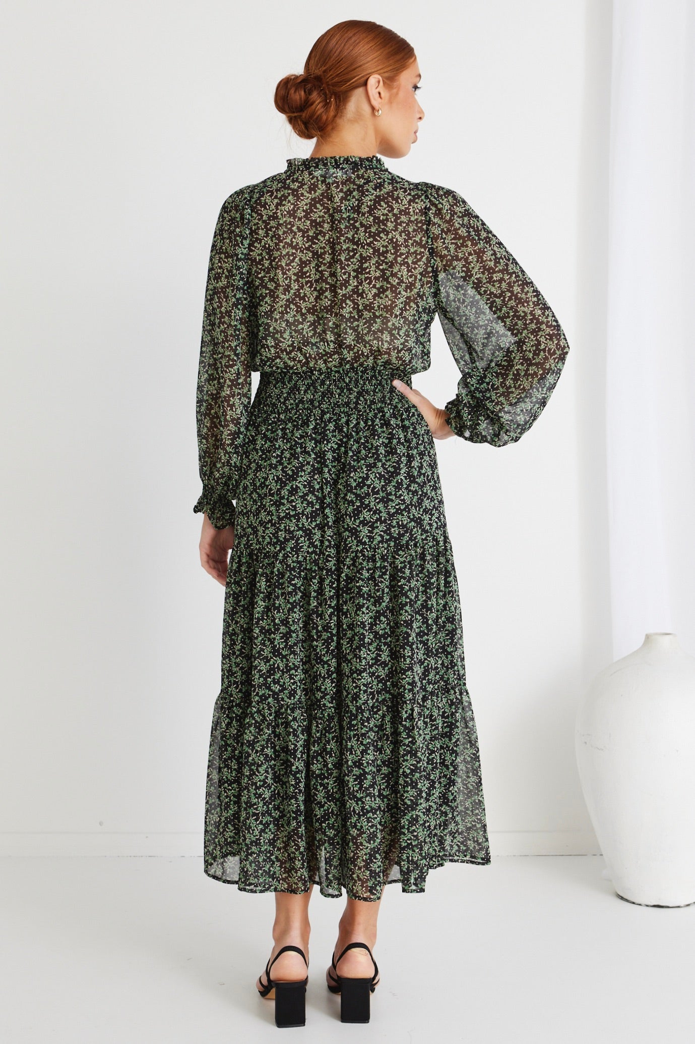 Charlie Green Floral Print Long Sleeve V-Neck Tiered Midi Dress for Women | Boho Chic Summer Dress for Beach, Party & Casual Wear