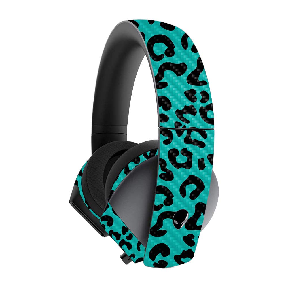 MightySkins Carbon Fiber Skin Cover for Alienware 7.1 Gaming Headset - Teal Leopard Design | Protective & Durable Textured Vinyl Wrap | Easy to Apply, Remove & Reusable | Made in USA | Perfect for Gaming Setups, Esports Tournaments & Headset Customization