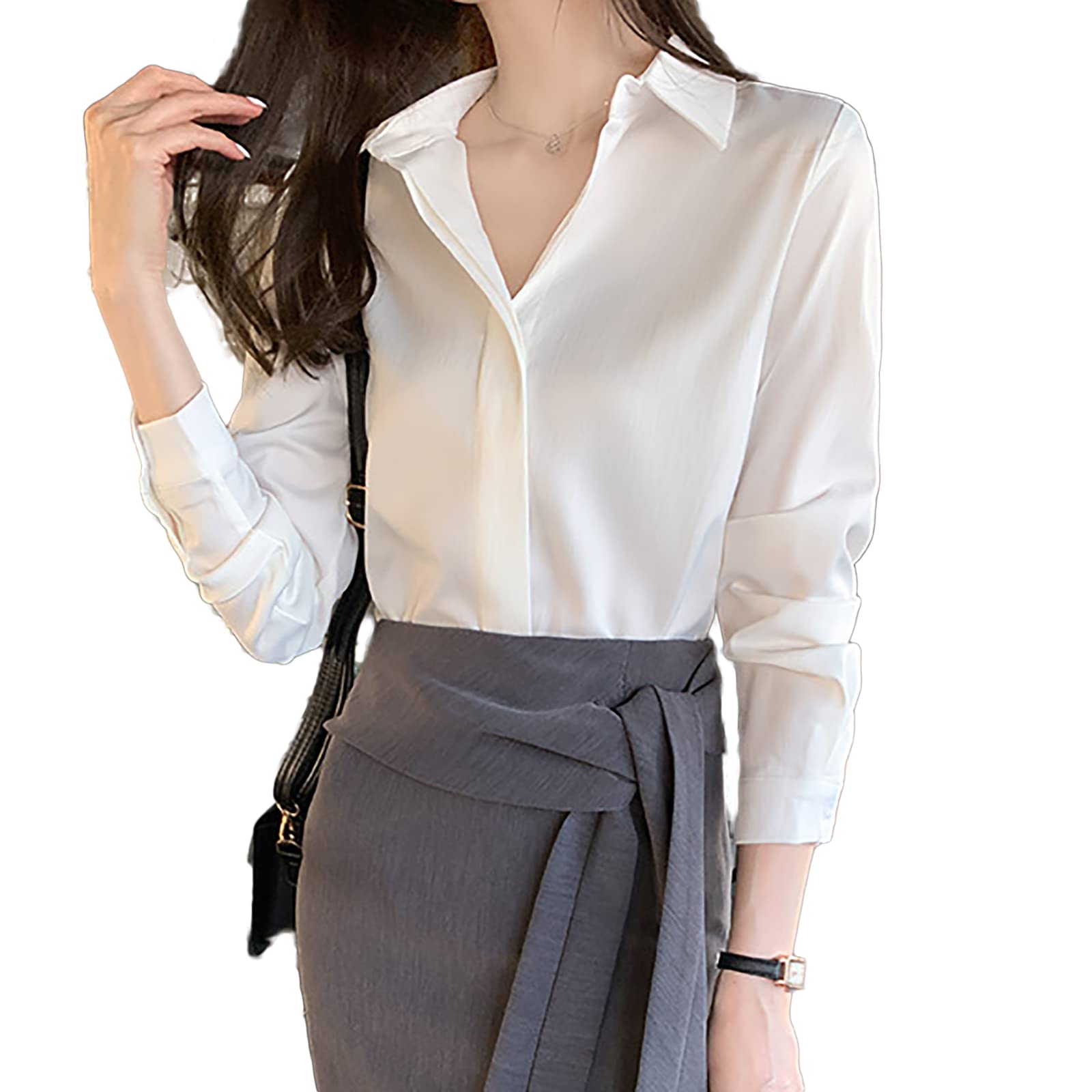 Women's Faux Silk Blouse - Elegant Lightweight Long Sleeve Satin Shirt with Lapel Collar for Office Work & Casual Wear | Perfect for Business Attire, Date Night & Professional Outfits
