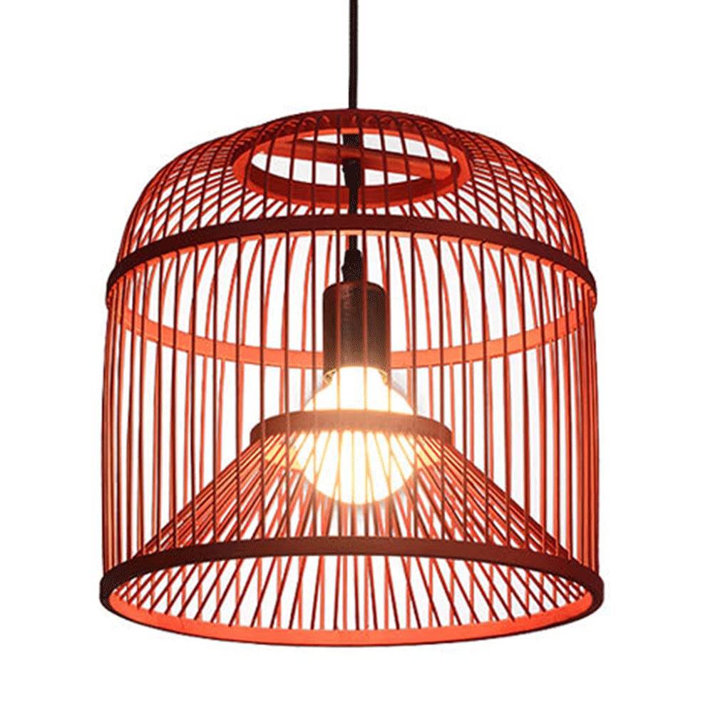 Vintage Wooden Birdcage Chandelier - Red Bamboo Pendant Light with Creative Design for Dining Room, Living Room & Restaurant Decor | Industrial Style Ceiling Hanging Fixture for Home, Cafe and Commercial Spaces